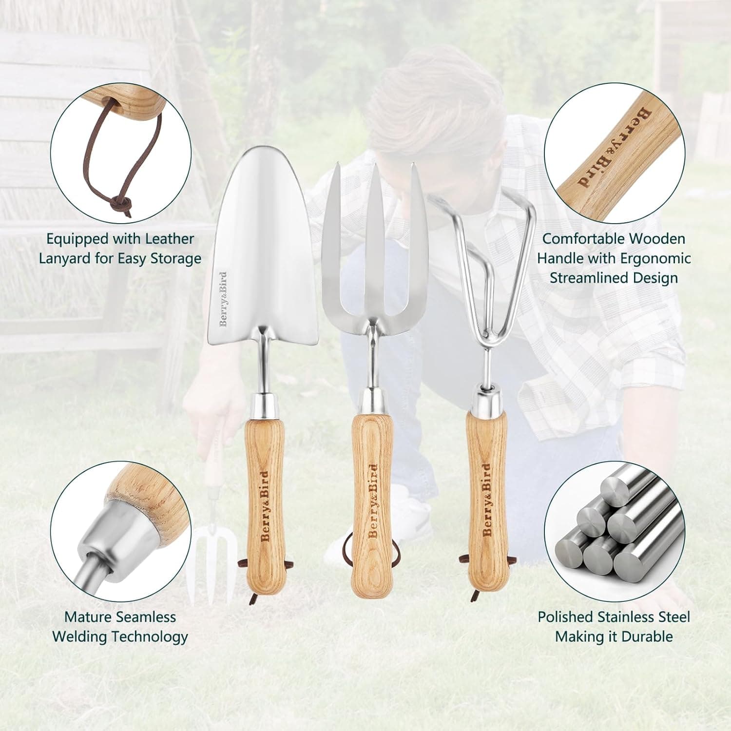 Berry&amp;Bird Garden Tool Set 3 Pieces Stainless Steel Heavy Duty Gardening Kit Includes Hand Trowel, Hand Cultivator and Hand Fork with Wood Handle for Weeding Transplanting Digging, Ideal Garden Gifts : Patio, Lawn &amp; Garden thumbnail 5