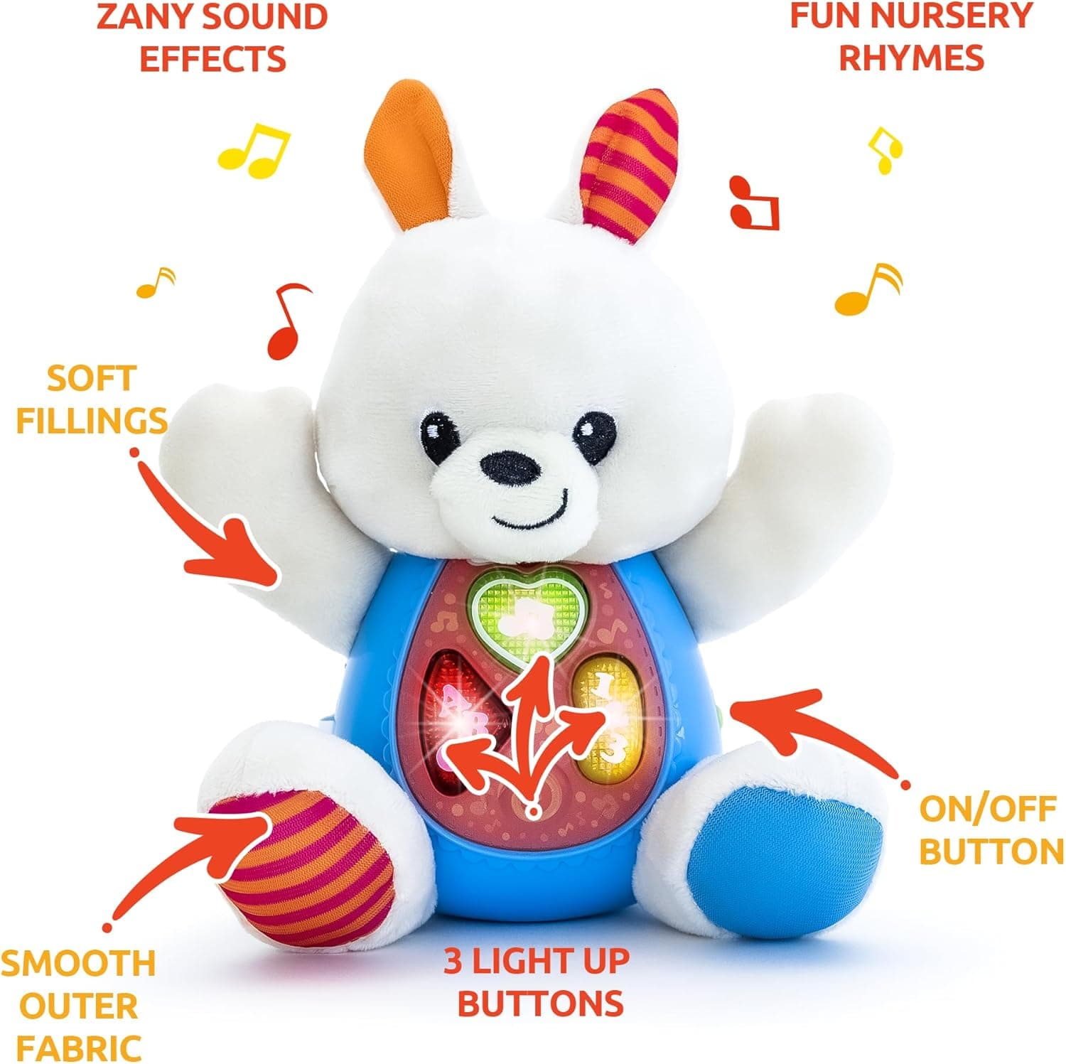 KiddoLab Easter Bunny Plush Toy - Musical Stuffed Animal with 3 Light-Up Buttons, 8 Fun Nursery Rhymes &amp; Sound Effects - Soft Basket Stuffer for Infants, Babies, and Toddlers Aged 3 Months + : Toys &amp; Games thumbnail 3