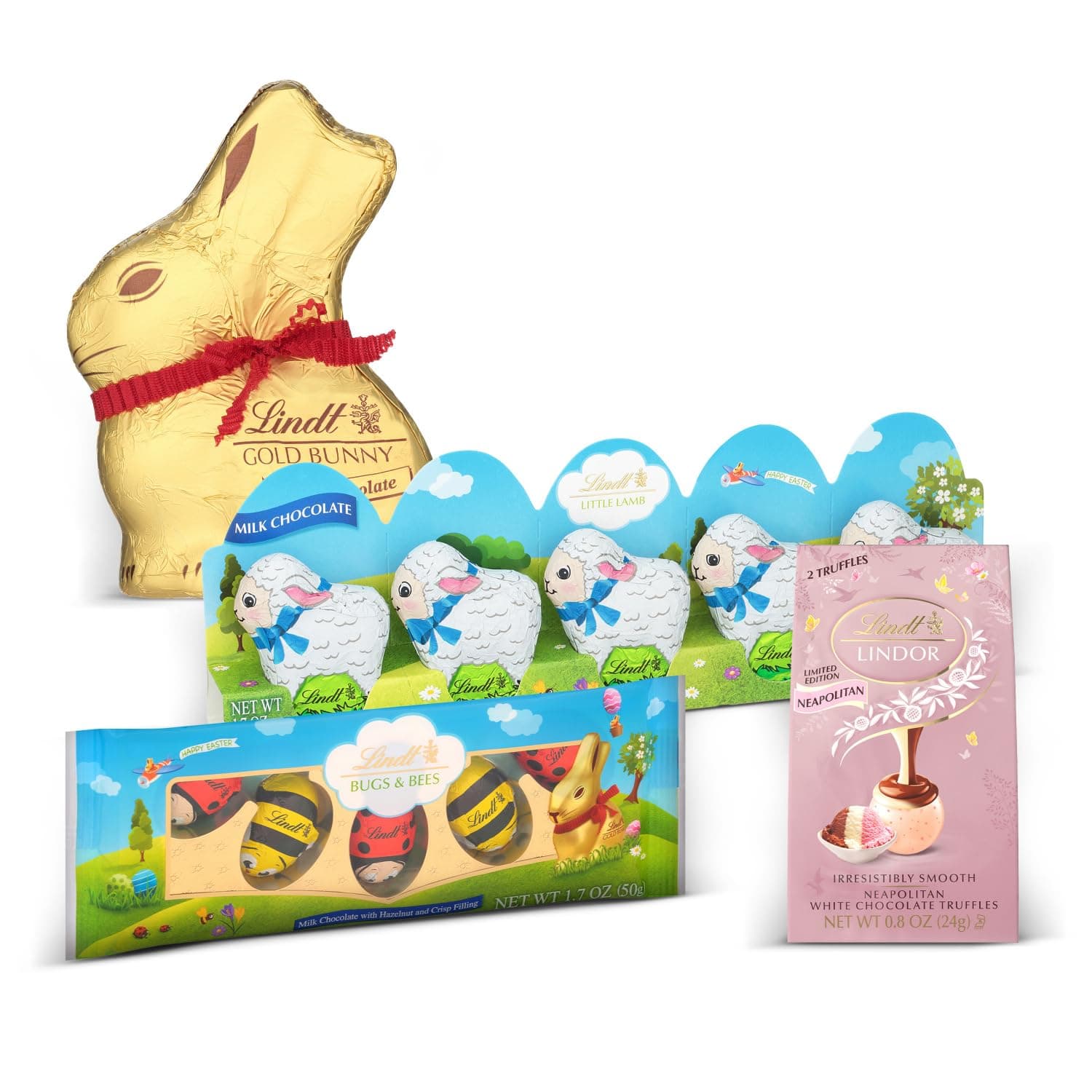 Lindt Easter Basket Chocolate Delight: GOLD BUNNY Milk Chocolate 1.7 oz, LINDOR Neapolitan Truffles 0.8 oz, Bugs &amp; Bees and Little Lambs 5-Packs 1.7 oz Each - Premium Gourmet Chocolate for Perfect Easter Gifts : Grocery &amp; Gourmet Food image 1