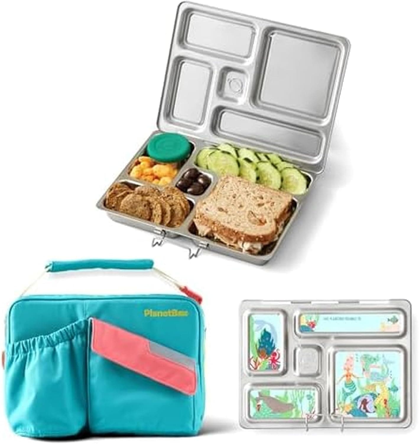PlanetBox Rover Stainless Steel Bento Box Lunch Kit with Mermaid Lagoon Magnets image 1