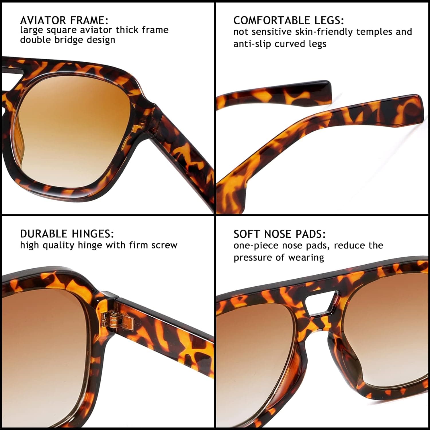 FEISEDY Vintage Pilot Sunglasses Double Bridge Large Square Thick Frame thumbnail 5