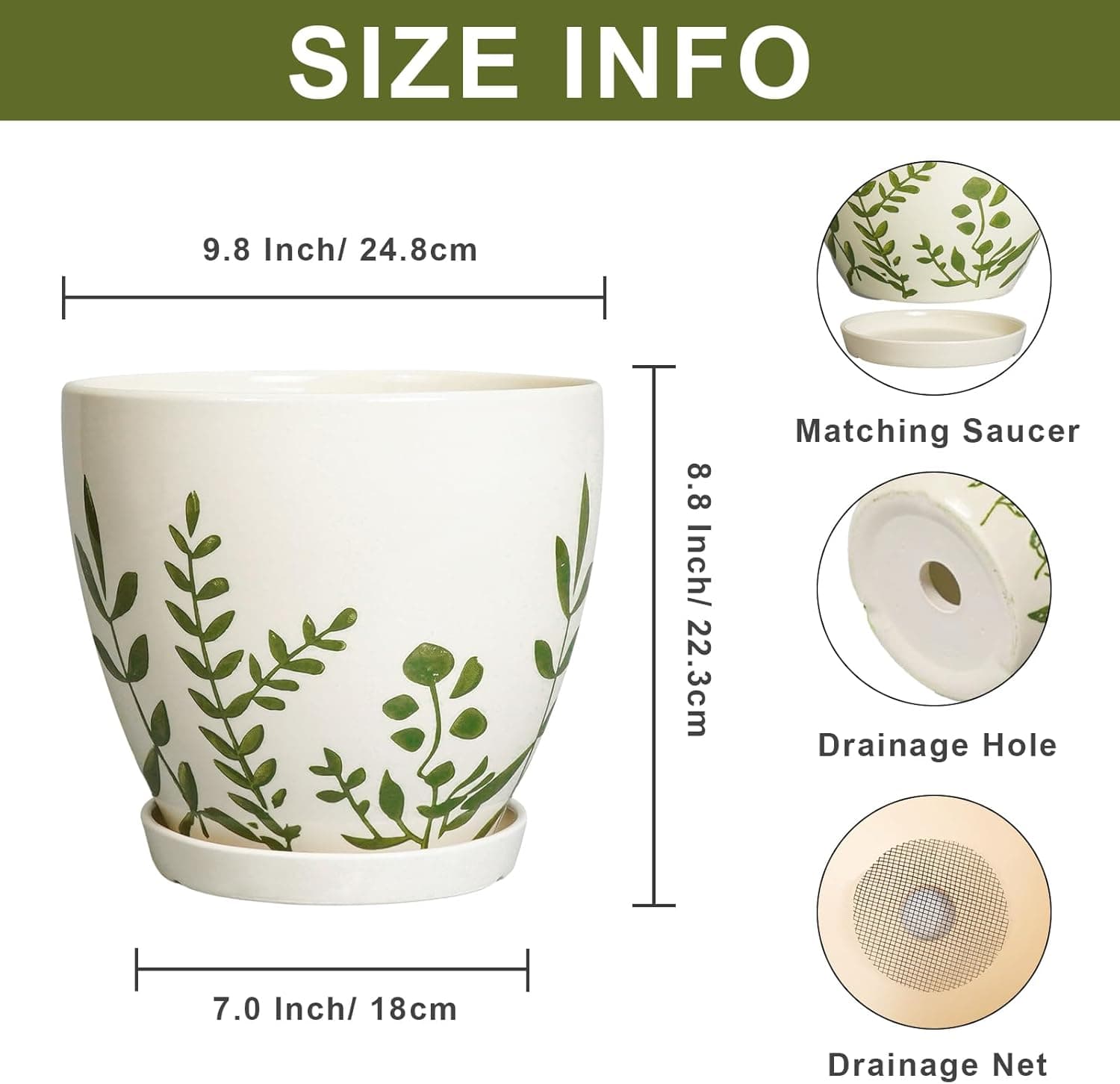 MPotTo 10 Inch Plant Pot - Ceramic Planter for Indoor Outdoor Flowers, Decorative Round Indoor Flower Pot with Drainage Hole and Saucer, Plant Lover Gifts, Garden Patio Home Office Decor, White : Patio, Lawn &amp; Garden thumbnail 2