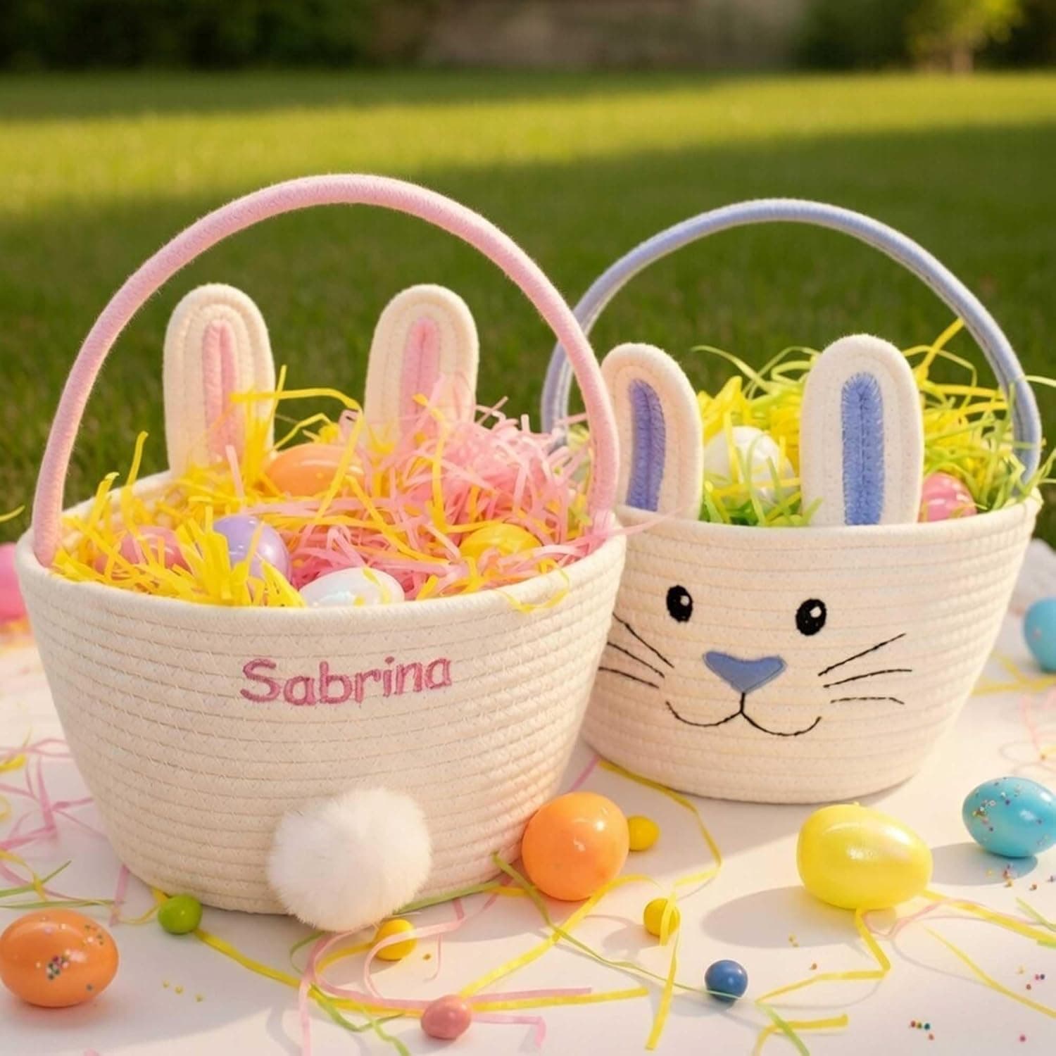 Personalized Easter Bunny Rope Basket (Pink) image 1