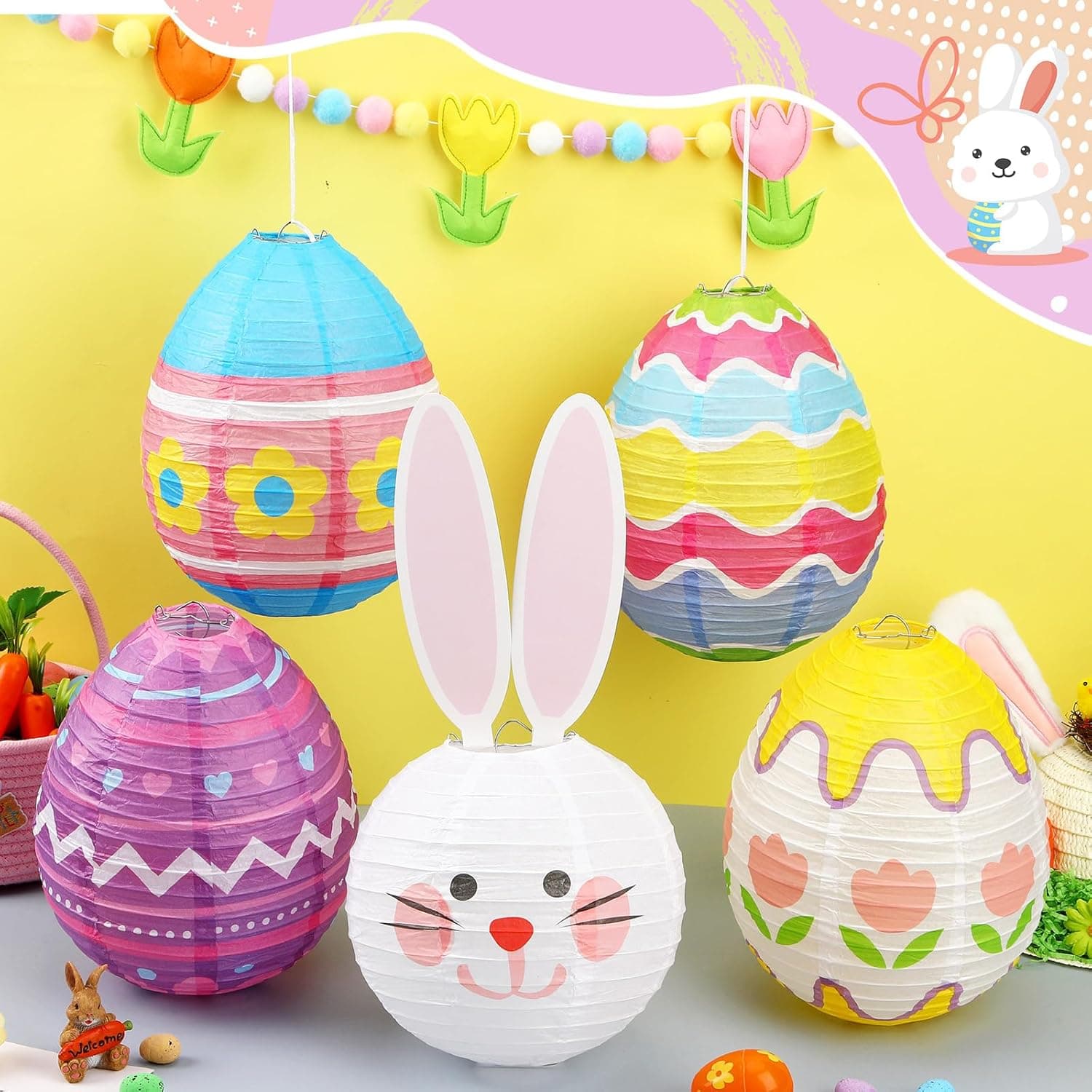 DECYOOL 12 Pieces Pastel Paper Lanterns - Easter Egg and Rabbit Designs thumbnail 3