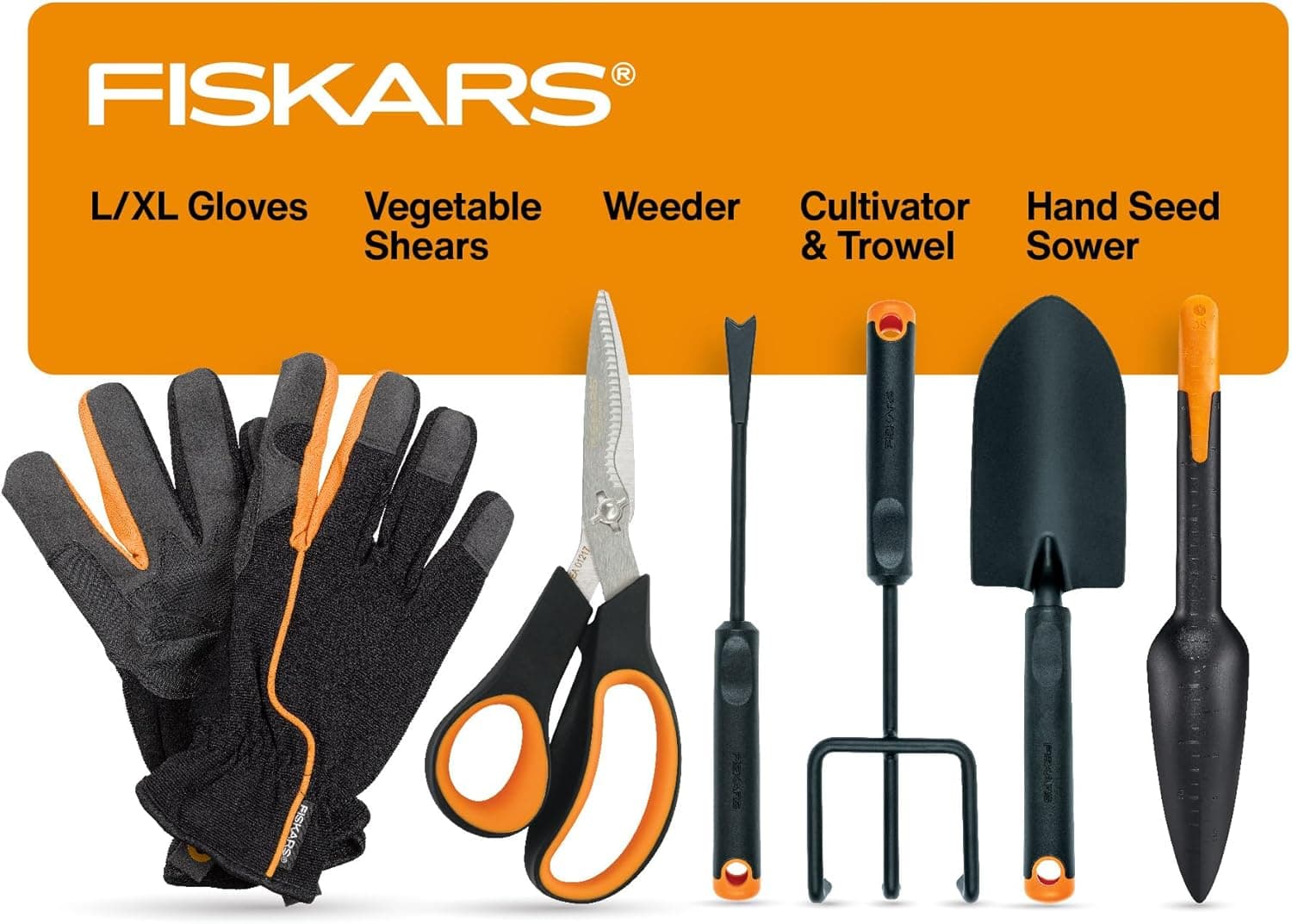 Fiskars Vegetable Gardening Essentials 6-Piece Tool Set for Cultivating, Serrated Stainless Steel Shears &amp; 4-in-1 Seed Sower for Planting, Rust-Resistant Steel Trowel, Cultivator, Weeder, L/XL Gloves : Patio, Lawn &amp; Garden image 1