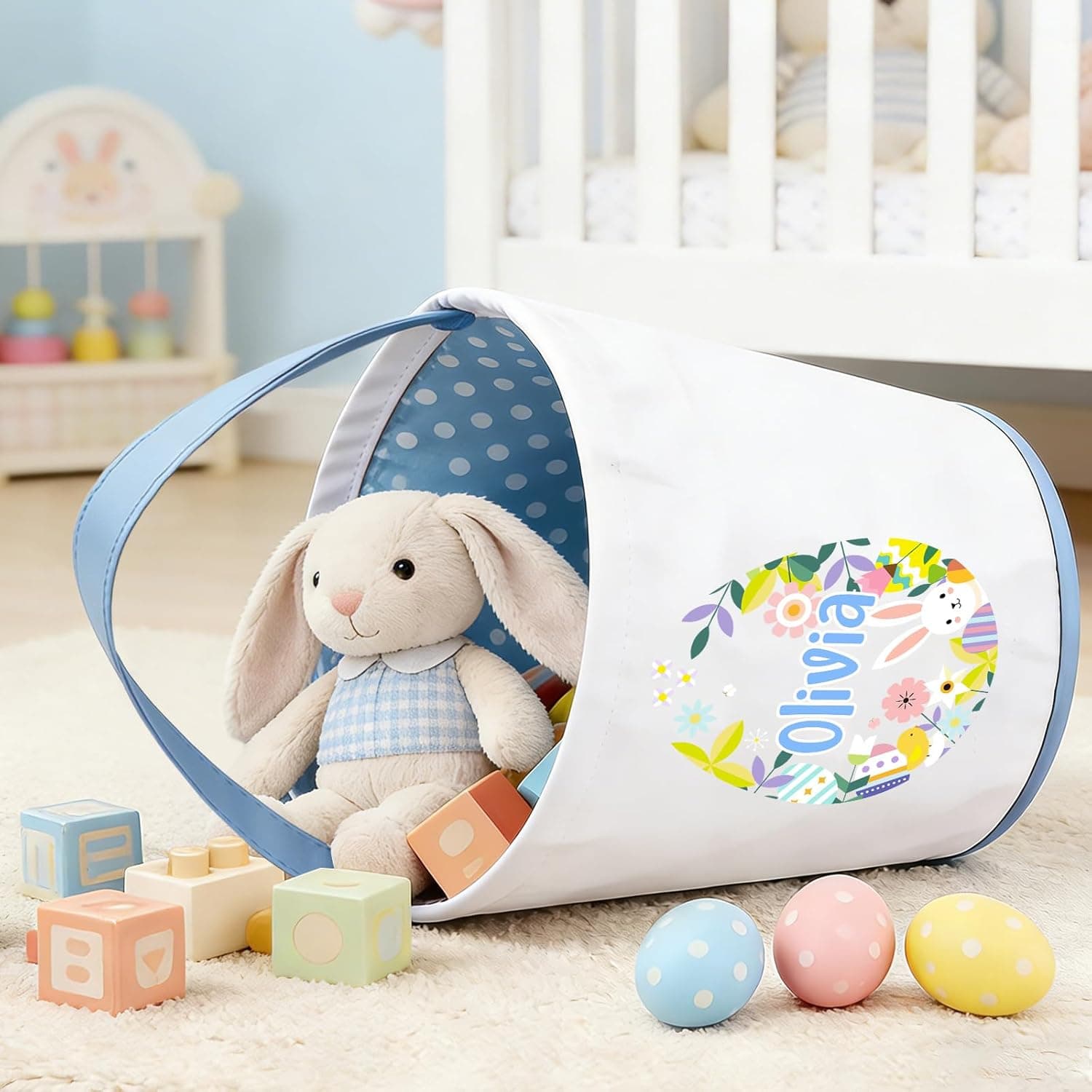 Personalized Easter Bunny Basket for Kid, Custom Name Egg Easter Buckets, Canvas Cotton Cute Bag for Easter Egg Hunt, Party Gifts and Daily Storage (Easter Egg) : Baby thumbnail 4
