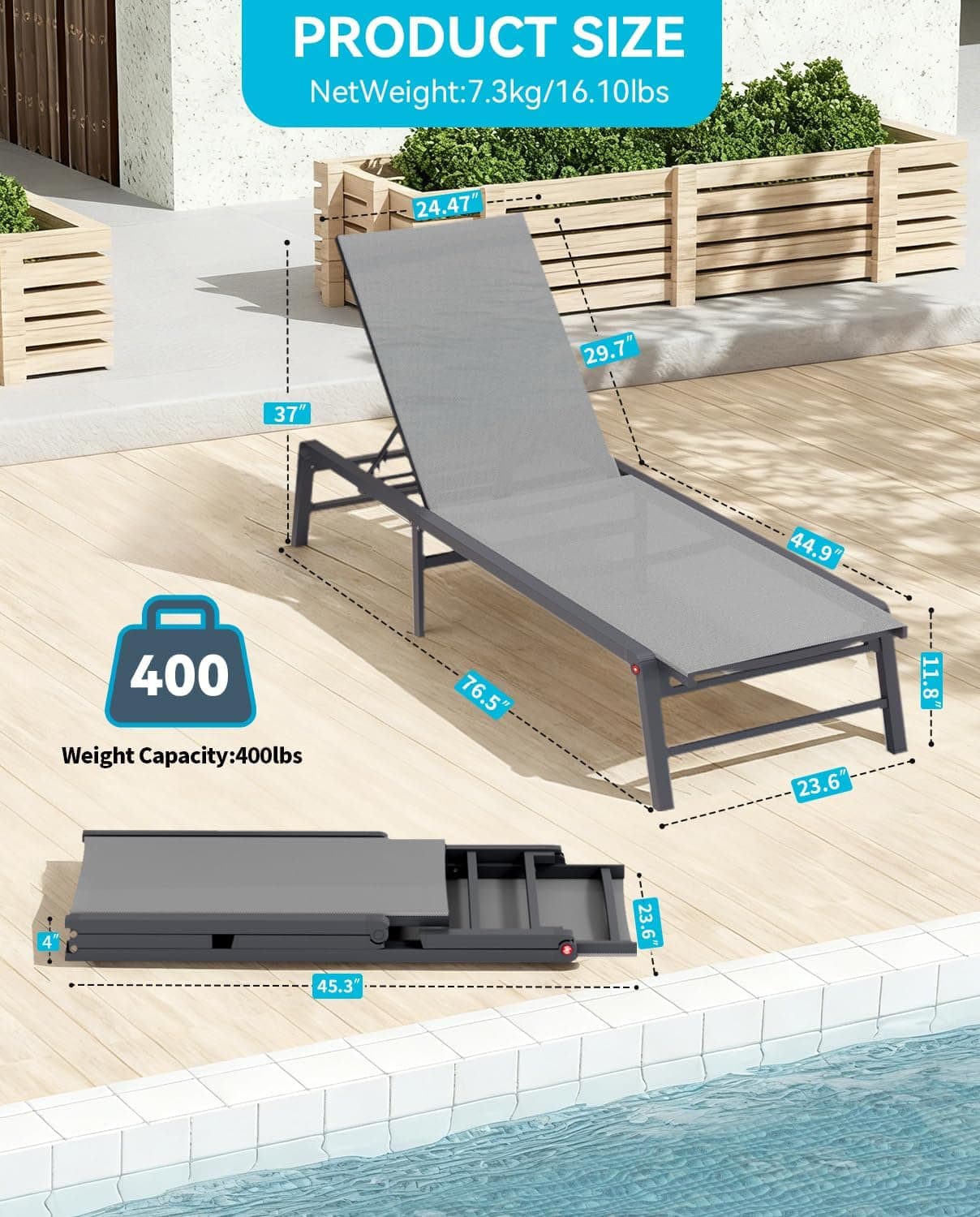 U ULAND Chaise Lounge Outdoor, Aluminum Outdoor Chaise Lounge Set of 2 Assemble-Free, Patio Lounger Poolside Lay Flat Sunbathing Adjustable Backrest Pool Lounge Chair : Patio, Lawn &amp; Garden thumbnail 3