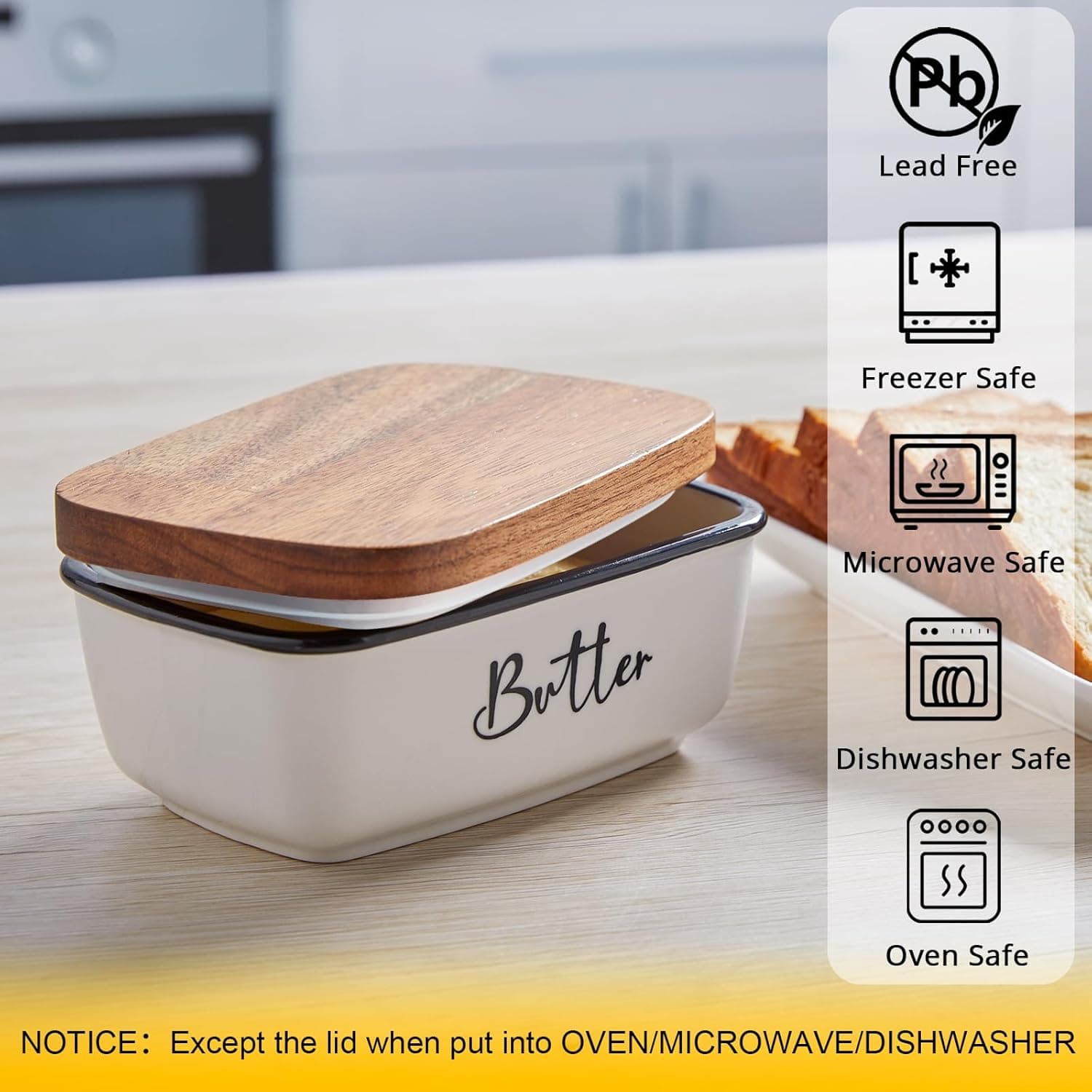 Butter Dish with Lid, ALELION Large Ceramic Butter Dish for Countertop, Butter Keeper with Thick Acacia Wood Lid, Kitchen Decor and Accessories for Kitchen Gifts, White: Butter Dishes thumbnail 3