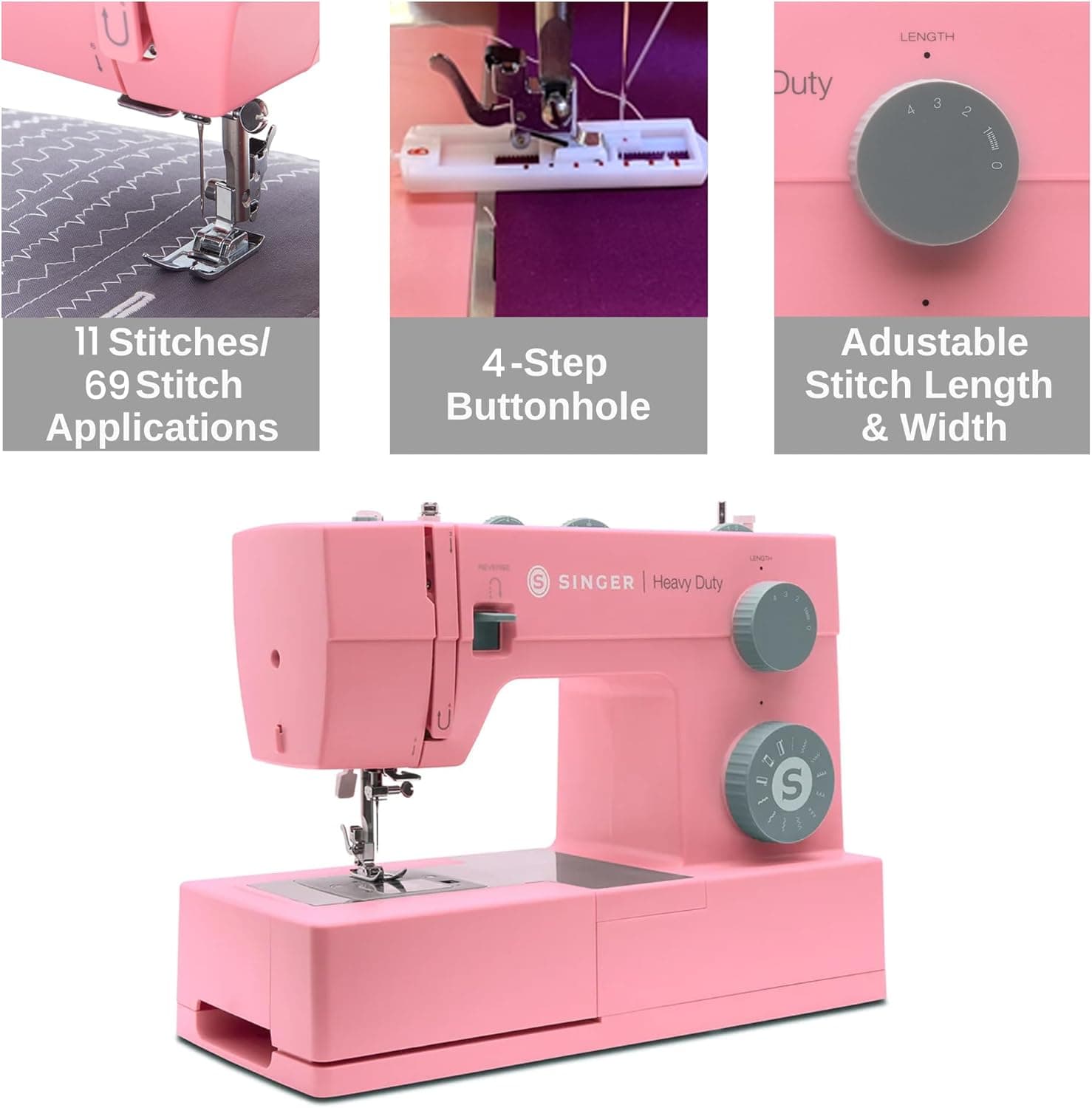 SINGER® Heavy Duty 4411 (Pink) High Speed Sewing Machine + Accessories | 11 Built-In Stitches Deliver 69 Stitch Applications | 60% More Power, 1100 Stitches/Min | Metal Frame, 4-Step Buttonhole thumbnail 4
