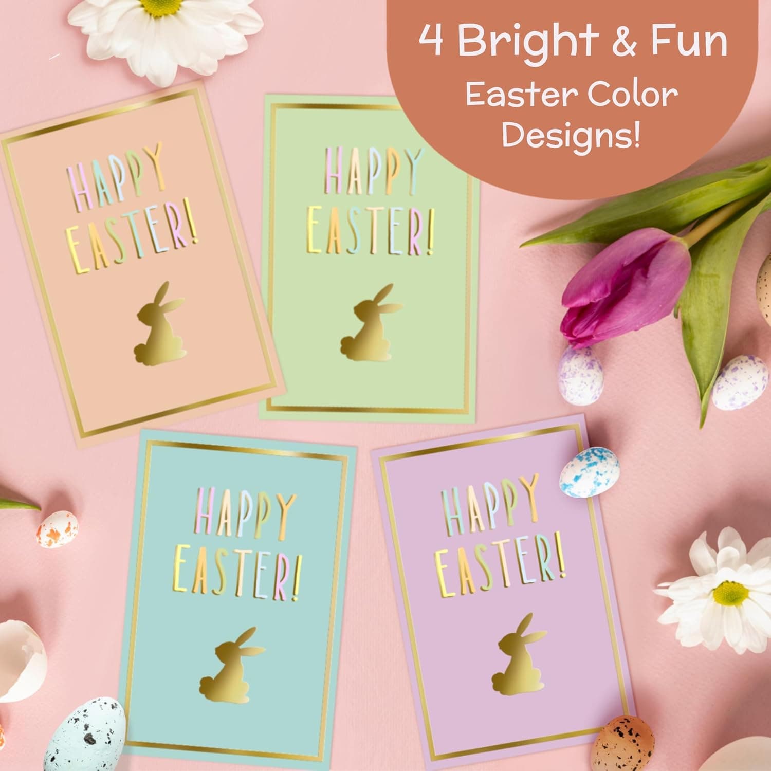 Honeyplum Easter Cards With Envelopes - Fun &amp; Colorful Set of 4 Easter Cards &amp; Envelopes - Gold Foil Stamp Design - 4 x 6 Inches : Office Products thumbnail 3