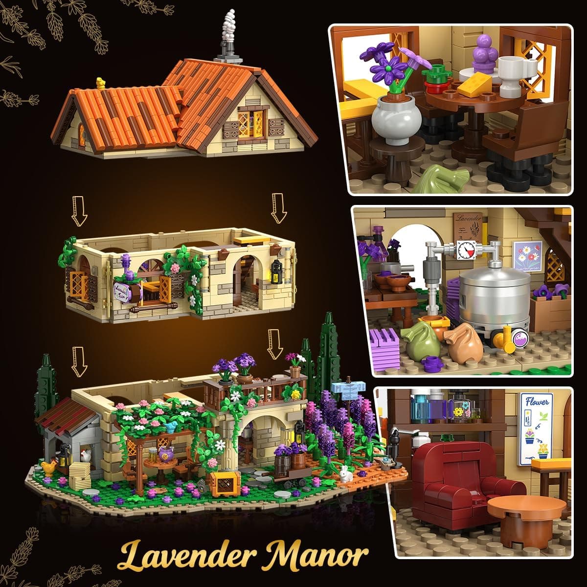 INSOON Lavender Manor House Building Set with Lights, 1960 PCS Lavender Estate Construction Model Home Decor, Romantic Lavender Flowers Cottage Building Block Kit Gift for Adults Teens Boys Girls 12+ : Toys &amp; Games thumbnail 3