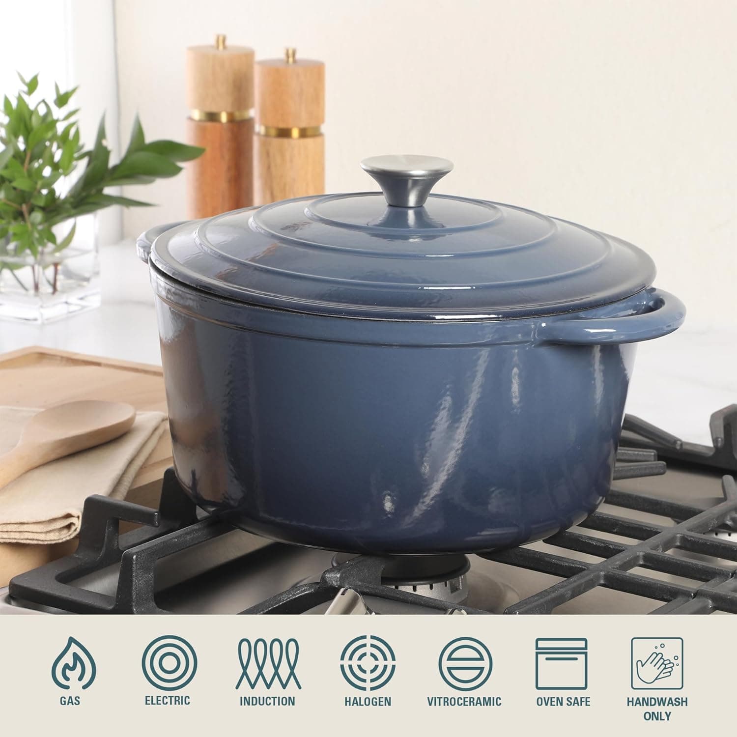 Gibson Home Addlestone 7 Qt Enameled Cast Iron Dutch Oven Pot with Lid – Round, Oven Safe to 500°F, Ideal for Bread Baking &amp; Stews - Gradient Navy Blue: Home &amp; Kitchen thumbnail 4