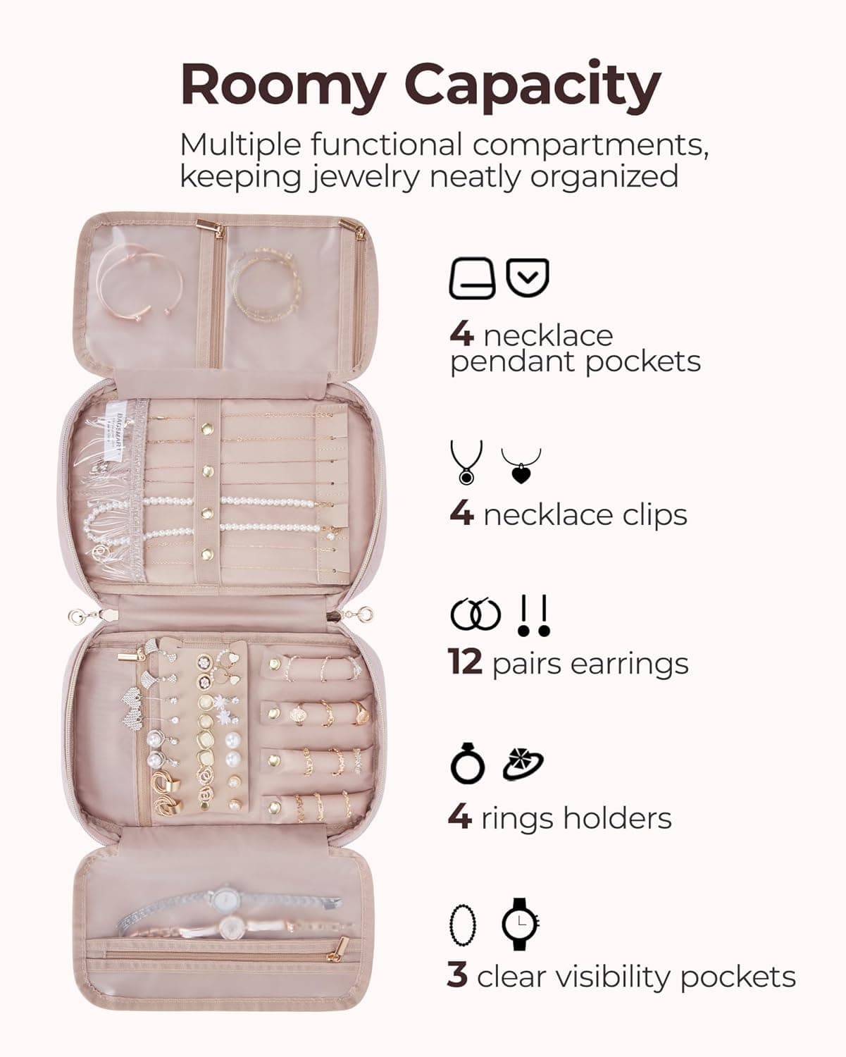 BAGSMART Jewelry Organizer Case Large Travel Jewelry Storage Bag for Necklace, Earrings, Rings, Bracelet, Soft Pink : Clothing, Shoes &amp; Jewelry thumbnail 4