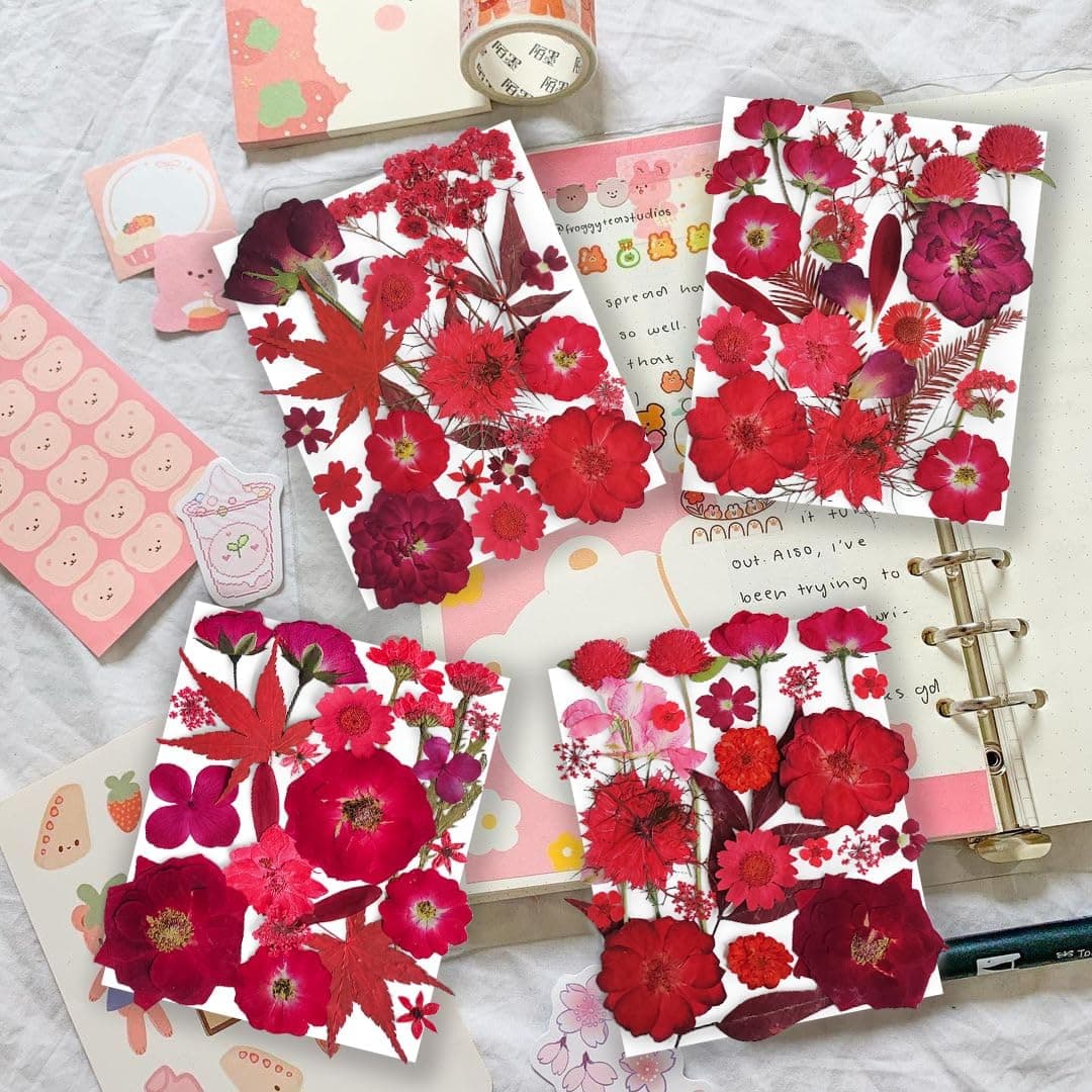 150PCS Red Dried Pressed Flowers with Butterfly Stickers thumbnail 2