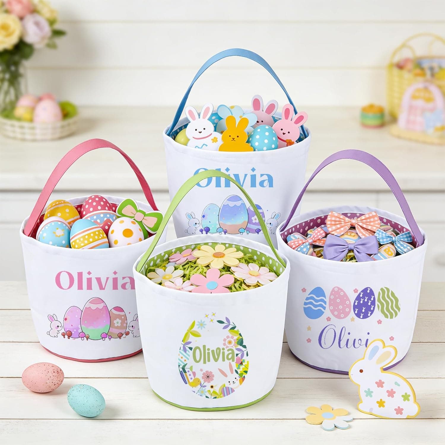 Personalized Easter Bunny Basket for Kid, Custom Name Egg Easter Buckets, Canvas Cotton Cute Bag for Easter Egg Hunt, Party Gifts and Daily Storage (Easter Egg) : Baby thumbnail 3