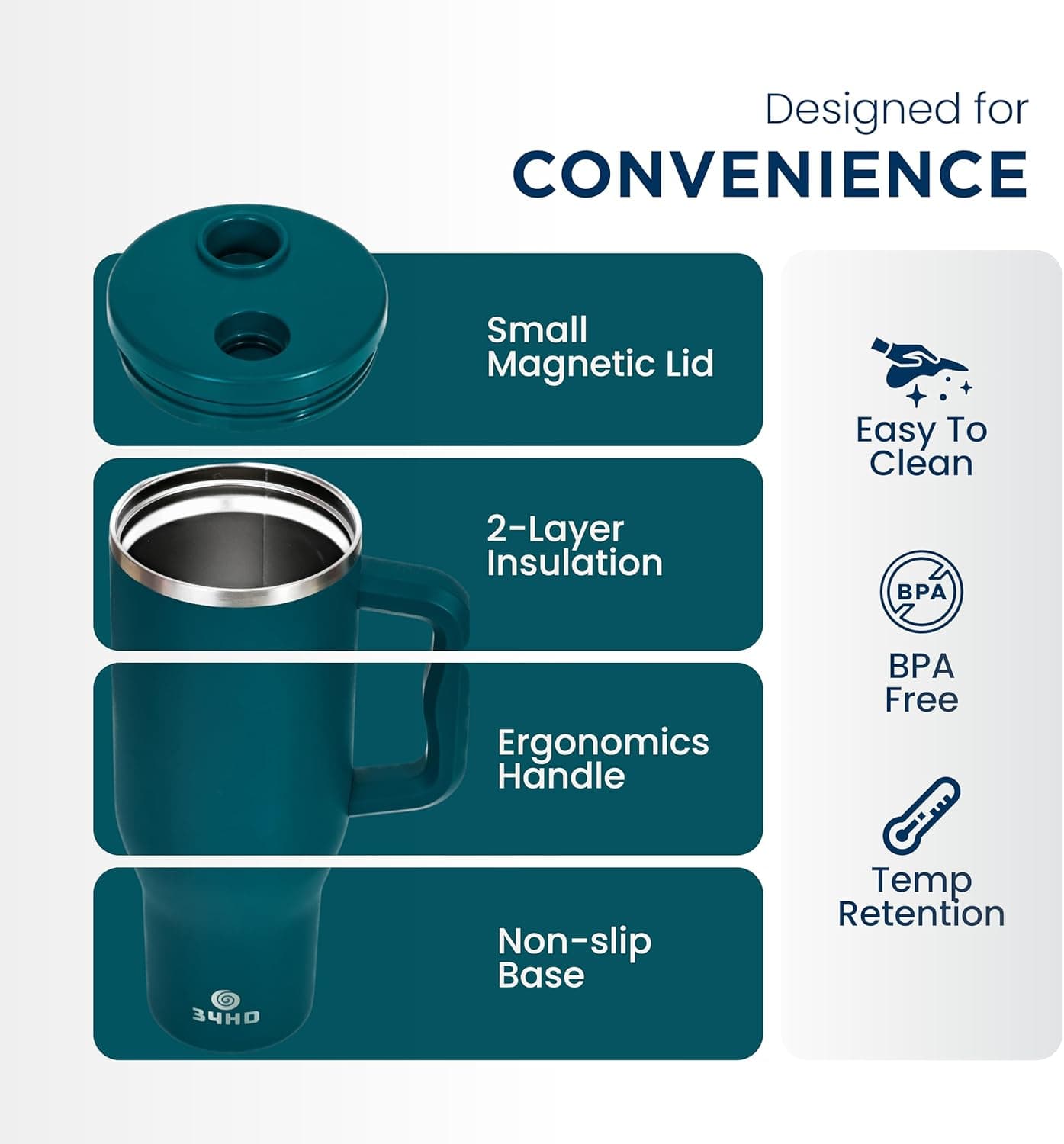 34HD 40 oz Stainless Steel Tumbler with Handle and Magnetic Lid thumbnail 3