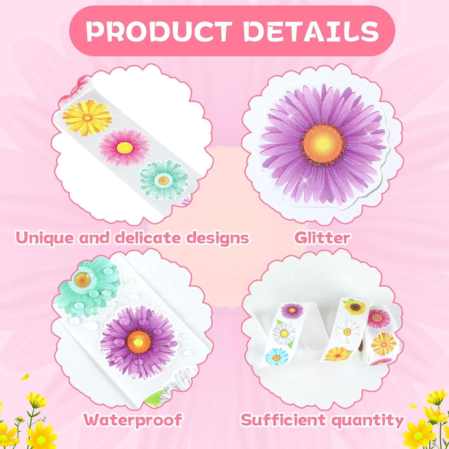 Flower Sticker Glitter Roll - Spring Daisy Sunflower Self-Adhesive Stickers thumbnail 4
