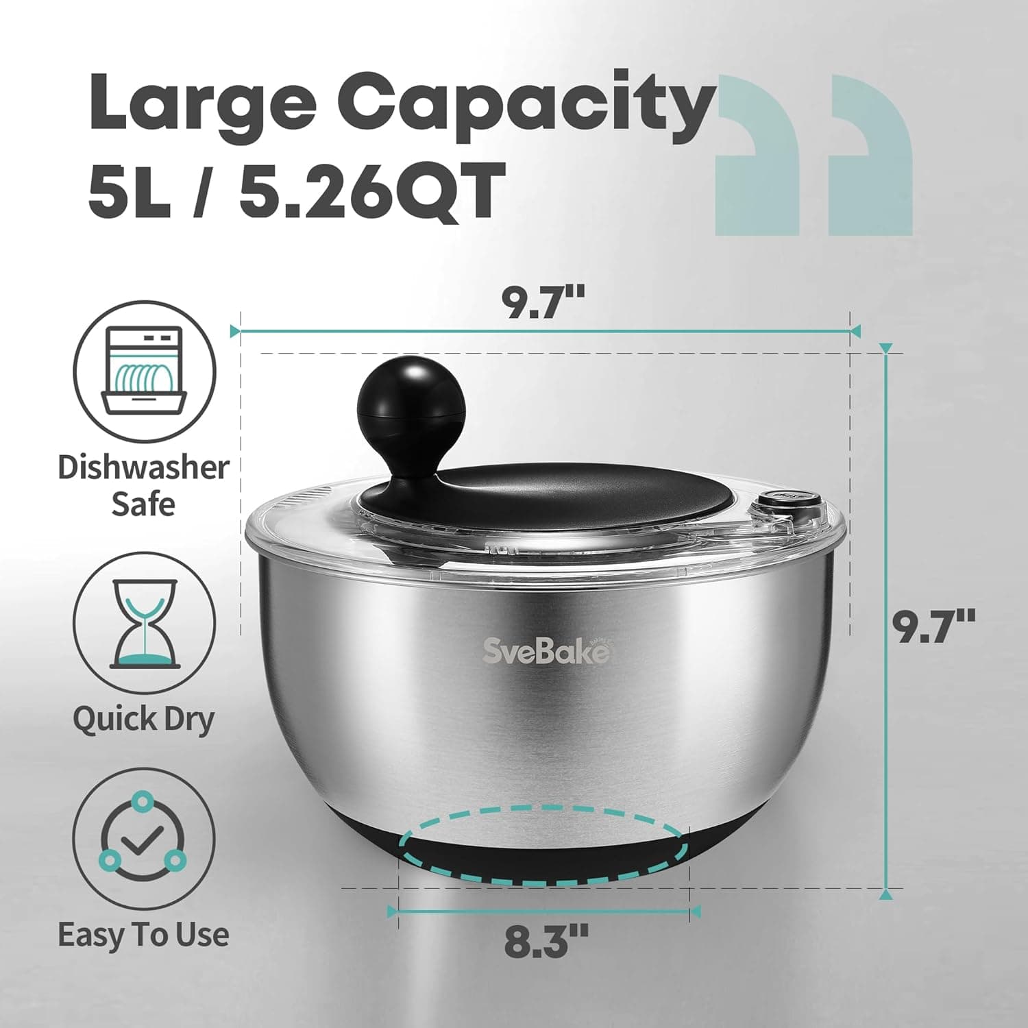 SveBake 5.3Qt Stainless Steel Salad Spinner with Stop Button, BPA-Free Vegetable Lettuce Spinner, Transparent Lid &amp; Drainage Hole, Non-Slip Base, Dishwasher Safe Fruit Washer: Home &amp; Kitchen thumbnail 2
