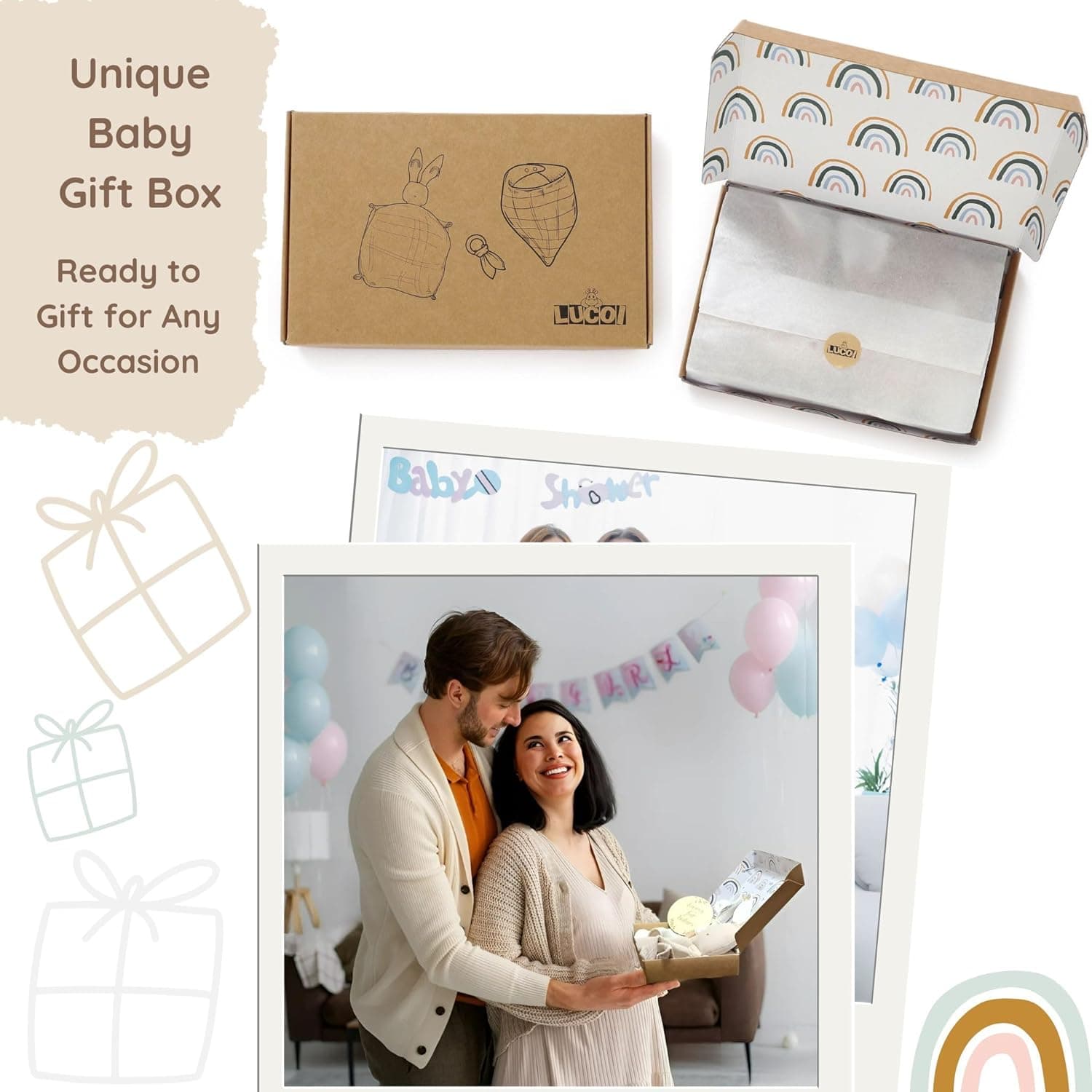 LUCOI Organic Cotton Baby Gift Set – 4 Piece Muslin Bunny Lovey Blanket + Teether Ring + Bandana Bib + Announcement Card | Gender Neutral Newborn Gift Box | Organic Lovey for Babies : Baby thumbnail 4