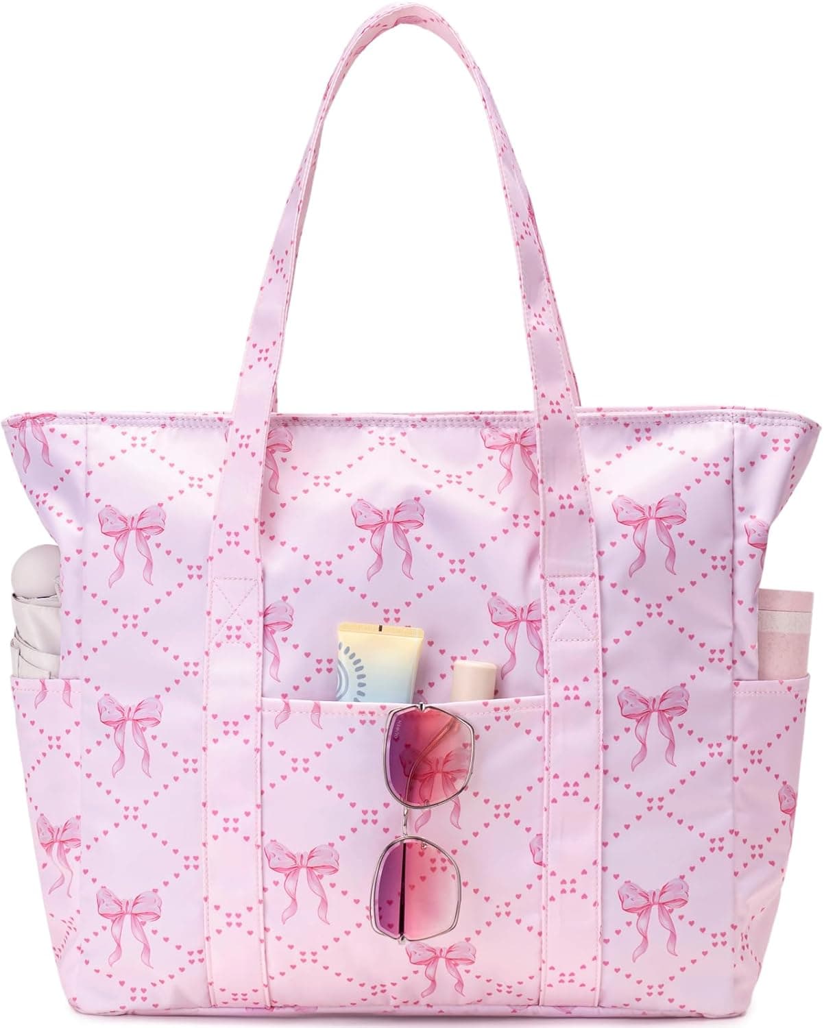 Octsky Large Beach Bags for Women - Waterproof Sandproof Beach Tote with Dual Zipper and Wet Pocket - 3 Outside Pockets - Bow Pink 02 | Travel Totes — Spring Gift Ideas gift idea