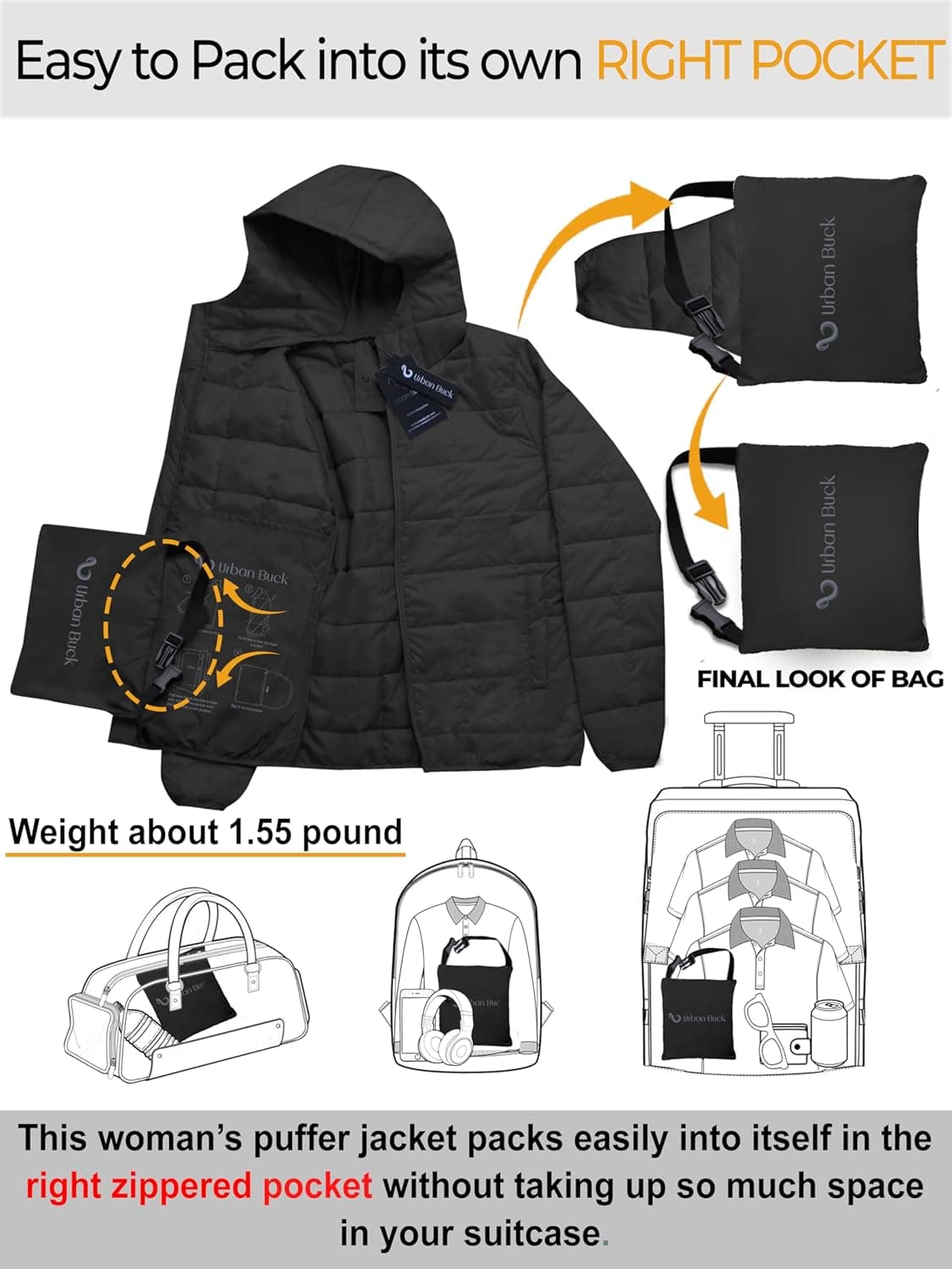 URBAN BUCK Packable Puffer Jacket for Women thumbnail 5