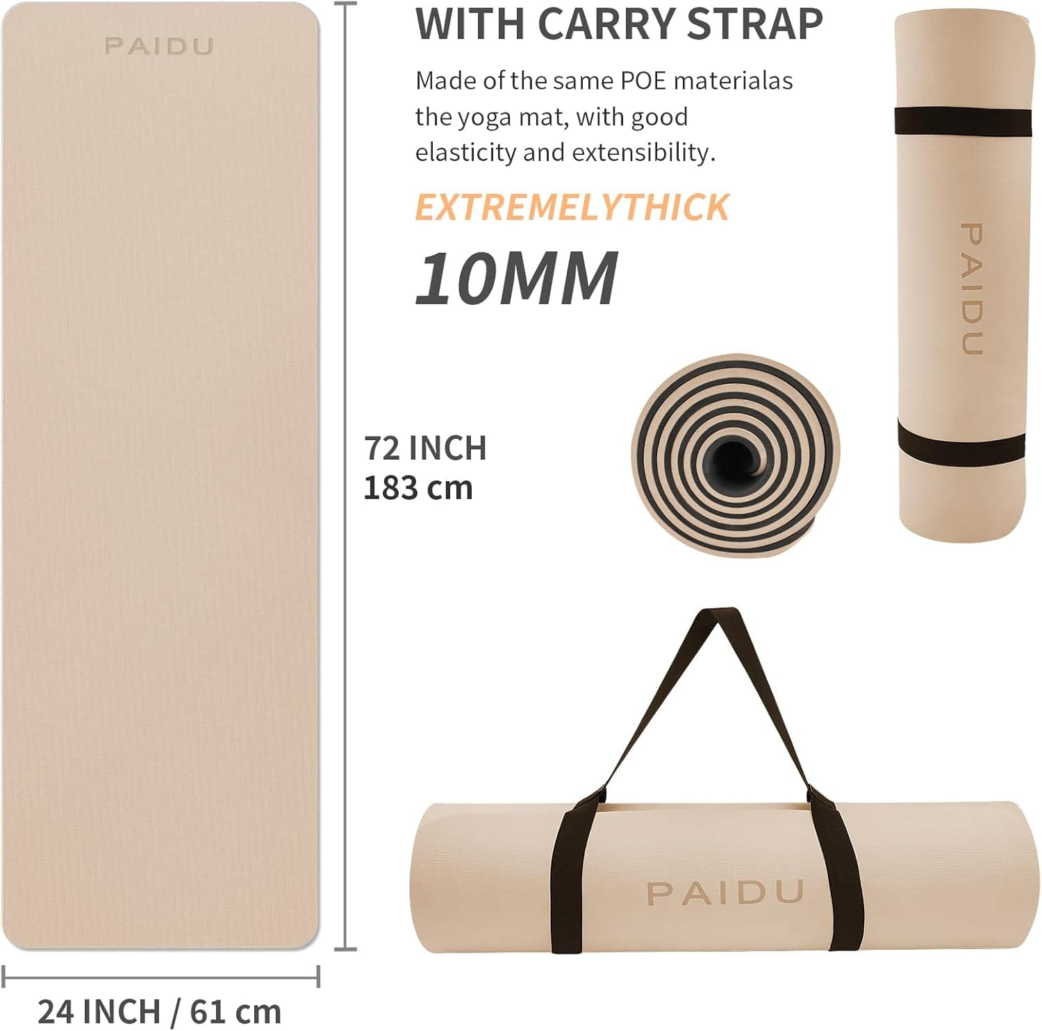 PAIDU Yoga Mat Non Slip Anti-tear,extra thick-2/5 inch（10MM）High Resiliency Professional POE Yoga Mats for Women Men Kids,72"x24"inch,Workout, Yoga, Pilates and Floor Exercise, with Carrier Strap : Sports &amp; Outdoors thumbnail 2