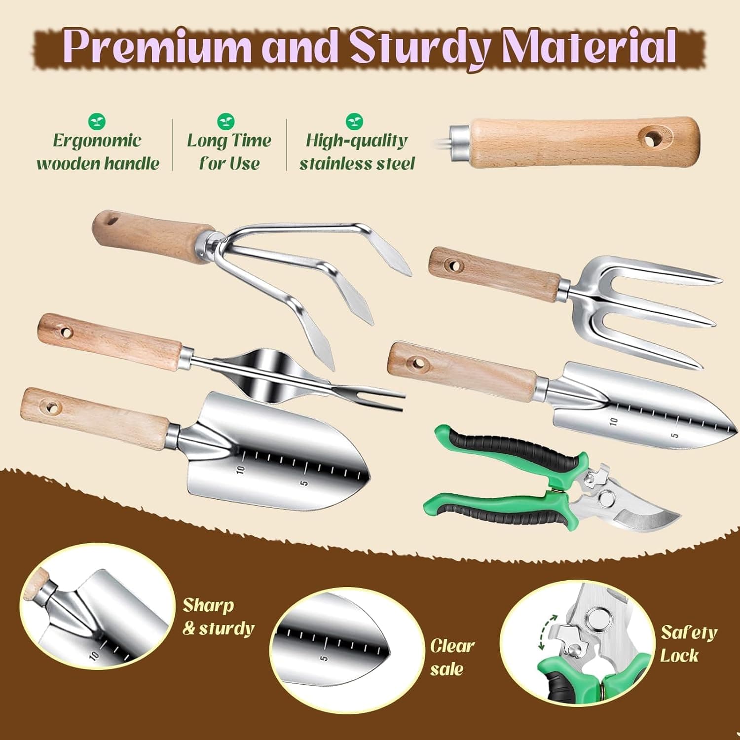 9-Piece Stainless Steel Garden Tools Set with Purple Floral Tote Bag thumbnail 2