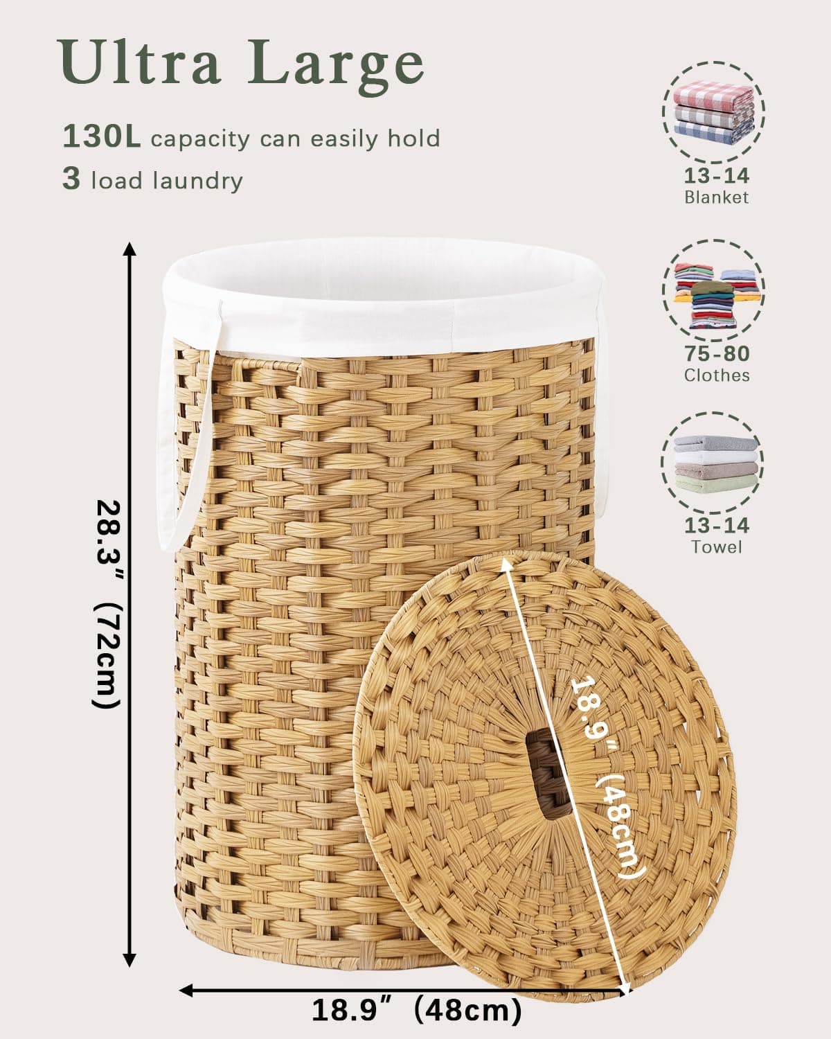 SETVSON Large Laundry Hamper Laundry Basket Round 34.3 Gal (130 L) Handwoven Wicker Laundry Baskets Rattan Laundry Basket with Laundry Bag Handles 2 Mesh Bags for Living Room Bedroom Natural : Home &amp; Kitchen thumbnail 4