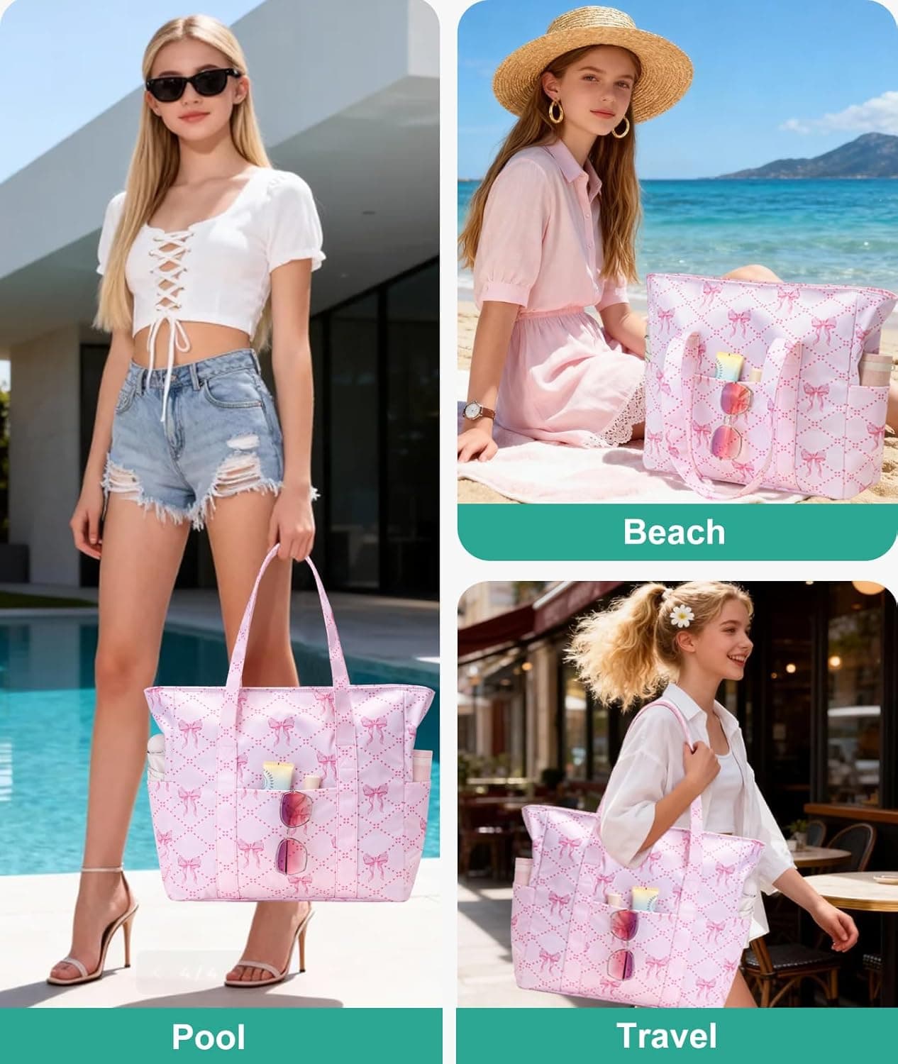 Octsky Large Beach Bags for Women - Waterproof Sandproof Beach Tote with Dual Zipper and Wet Pocket - 3 Outside Pockets - Bow Pink 02 | Travel Totes thumbnail 2
