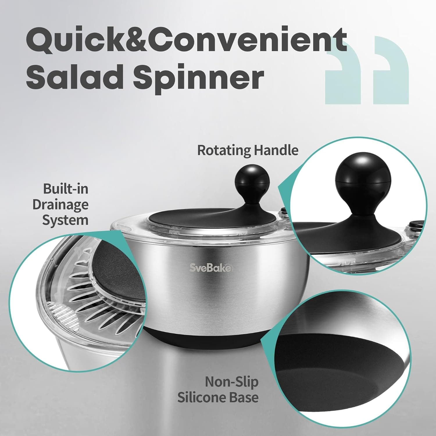 SveBake 5.3Qt Stainless Steel Salad Spinner with Stop Button, BPA-Free Vegetable Lettuce Spinner, Transparent Lid &amp; Drainage Hole, Non-Slip Base, Dishwasher Safe Fruit Washer: Home &amp; Kitchen thumbnail 3