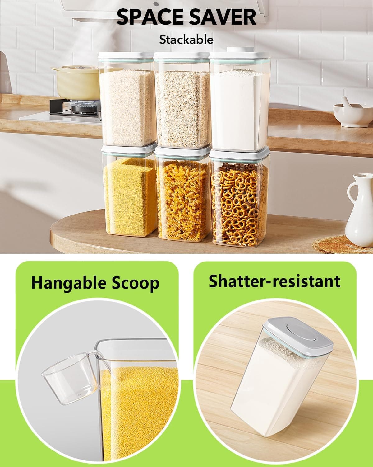 Ankou Airtight Food Storage Container with Pop Lid &amp; 130ml Scoop, 4L/4.2qt *4 BPA-Free Cereal, Rice, Flour, Pasta &amp; Snack Container, Stackable &amp; Durable,Kitchen Pantry Organizer: Home &amp; Kitchen thumbnail 4