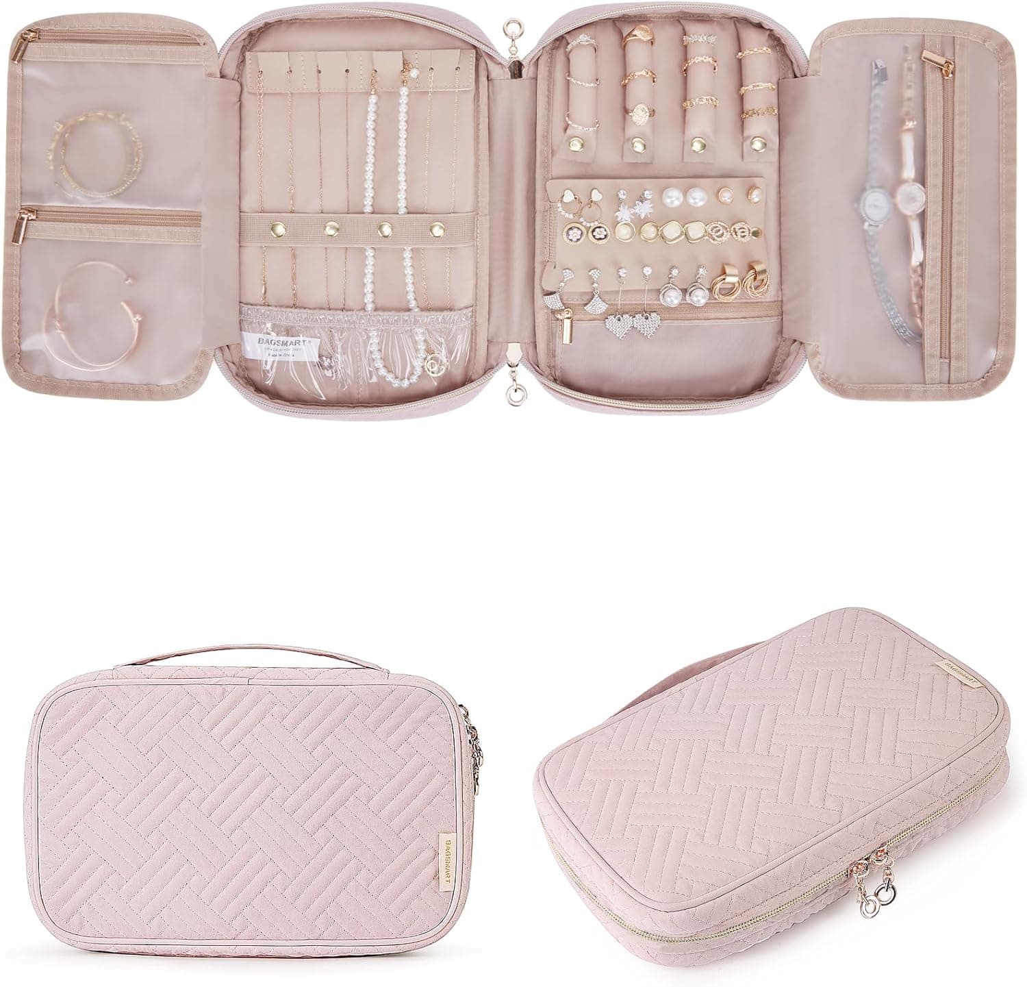 BAGSMART Jewelry Organizer Case Large Travel Jewelry Storage Bag for Necklace, Earrings, Rings, Bracelet, Soft Pink : Clothing, Shoes &amp; Jewelry image 1