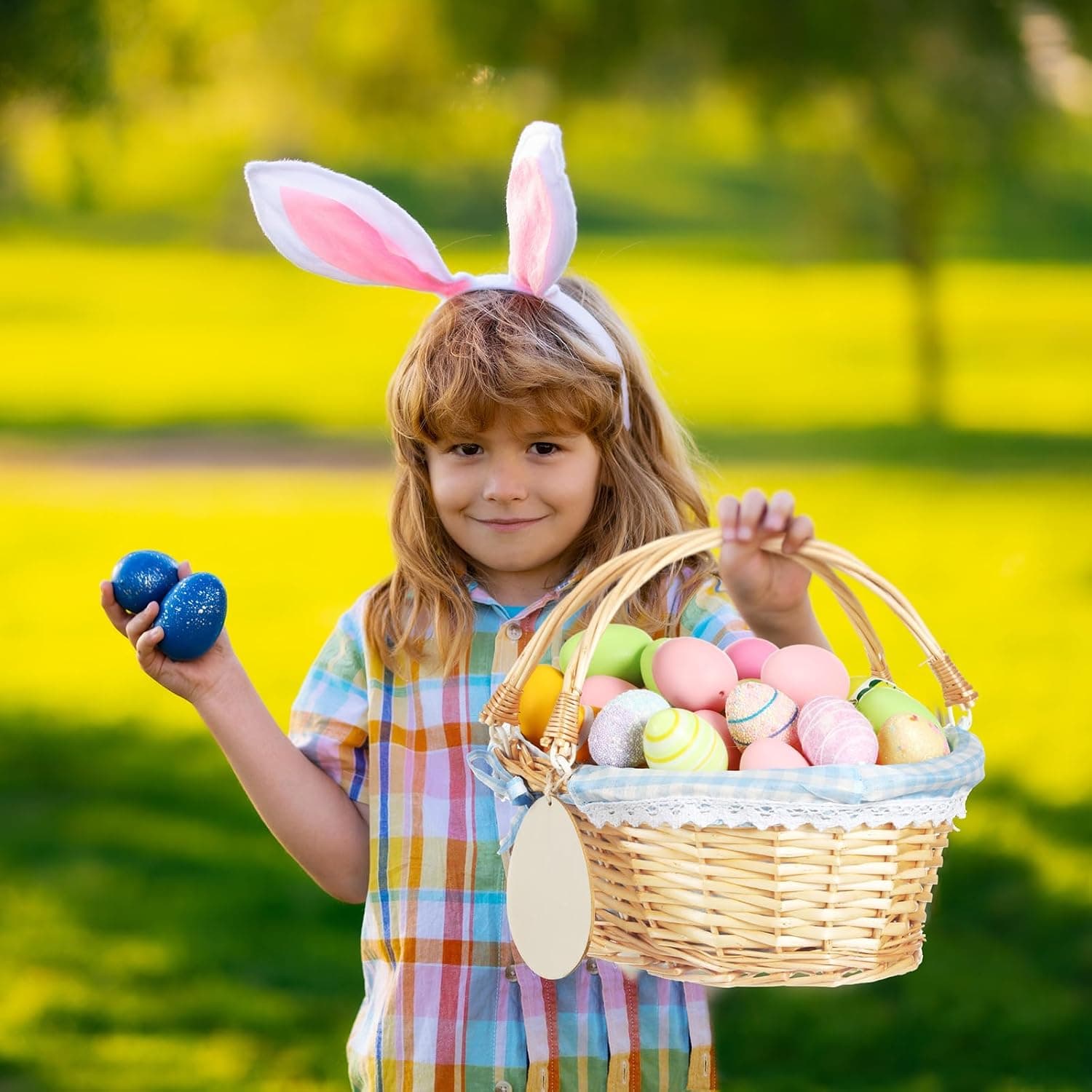 Leinuosen Easter Basket Wicker Picnic Basket with Wooden Egg Cutout and Handle (Blue) thumbnail 5