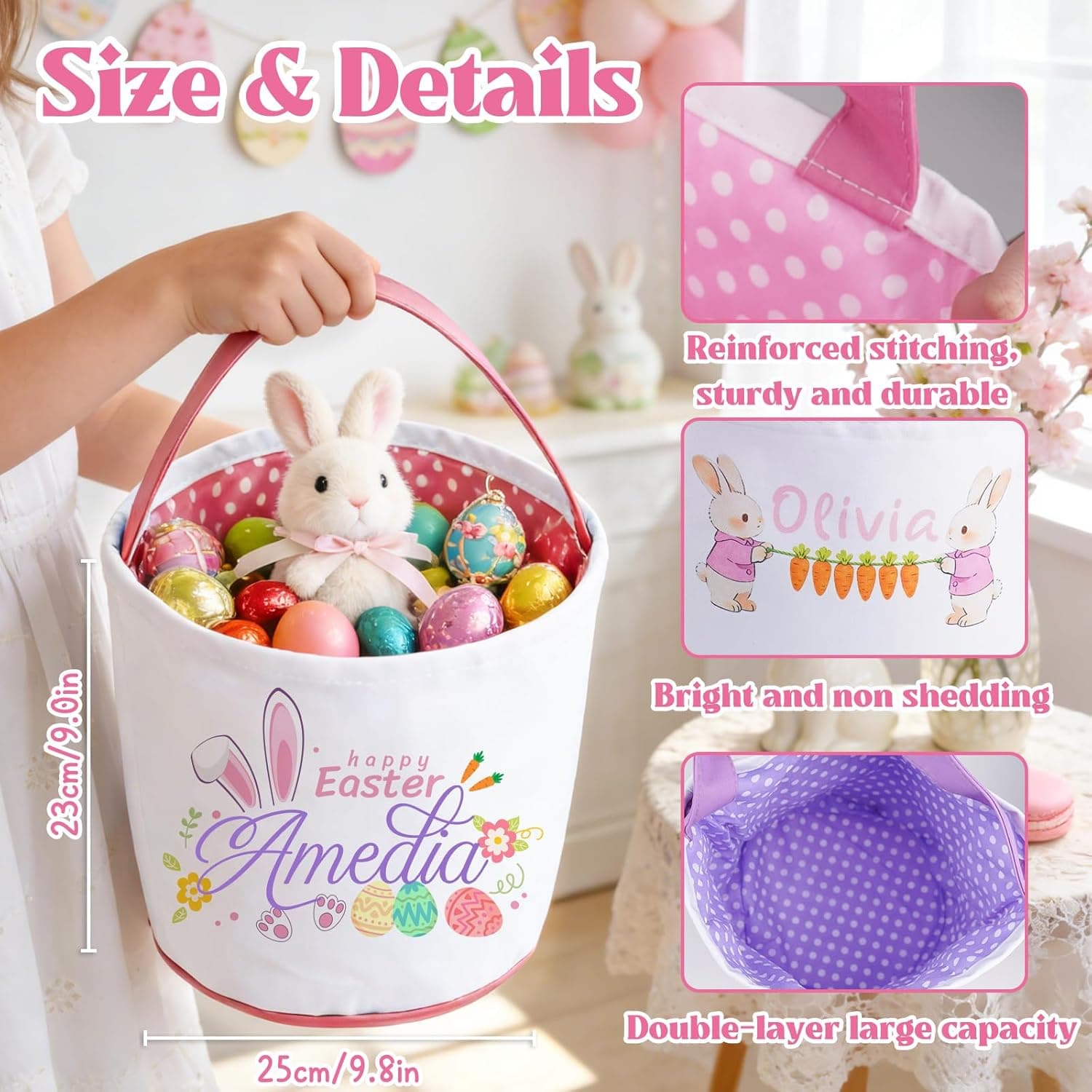 Personalized Easter Bunny Basket for Kid, Custom Name Egg Easter Buckets, Canvas Cotton Cute Bag for Easter Egg Hunt, Party Gifts and Daily Storage (Easter Egg) : Baby thumbnail 2