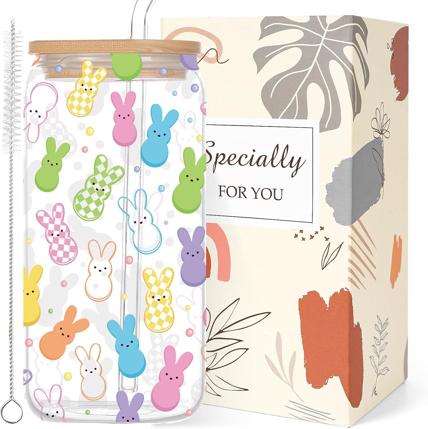 Easter Bunny Glass Cups with Lid and Straw - 16oz Set image 1