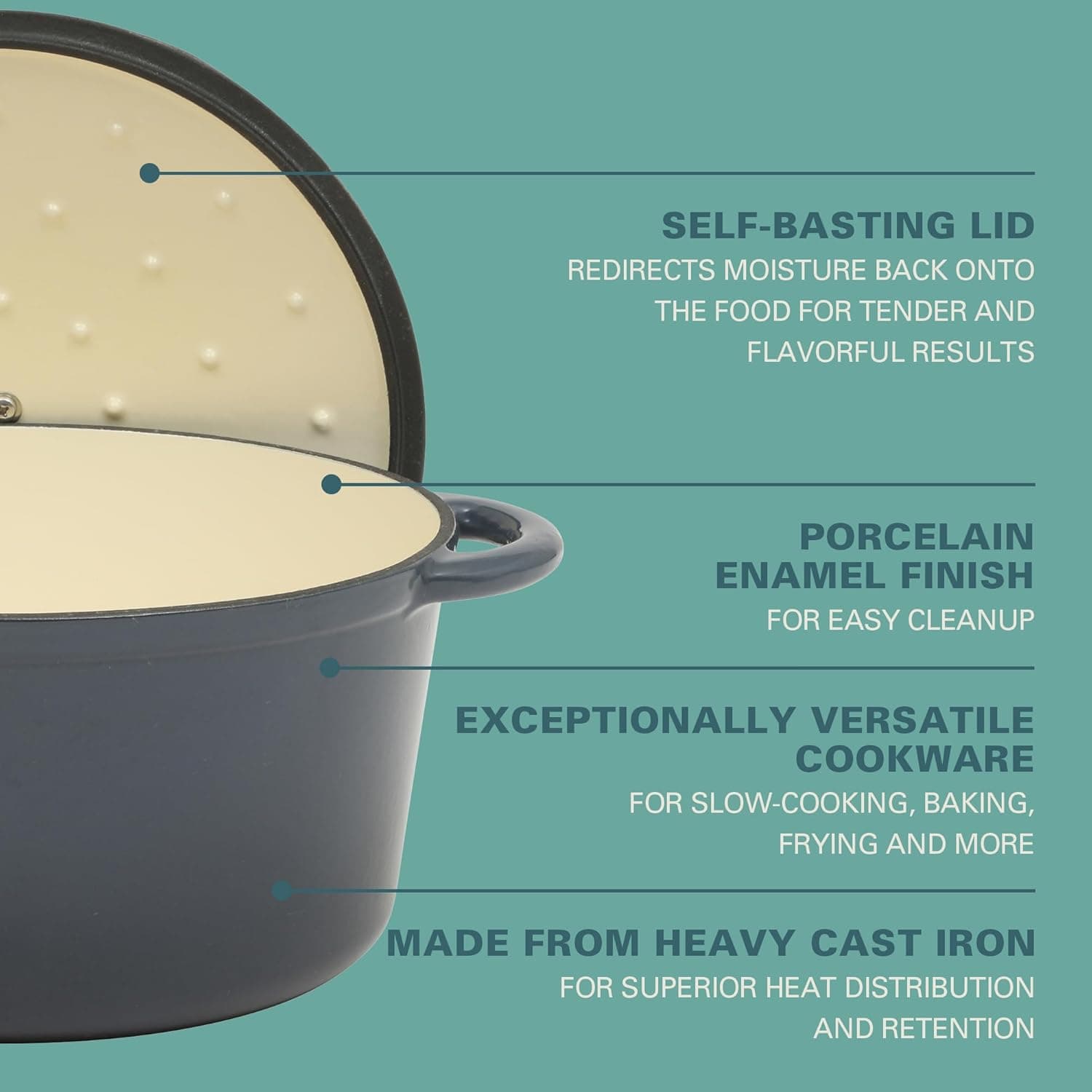 Gibson Home Addlestone 7 Qt Enameled Cast Iron Dutch Oven Pot with Lid – Round, Oven Safe to 500°F, Ideal for Bread Baking &amp; Stews - Gradient Navy Blue: Home &amp; Kitchen thumbnail 3