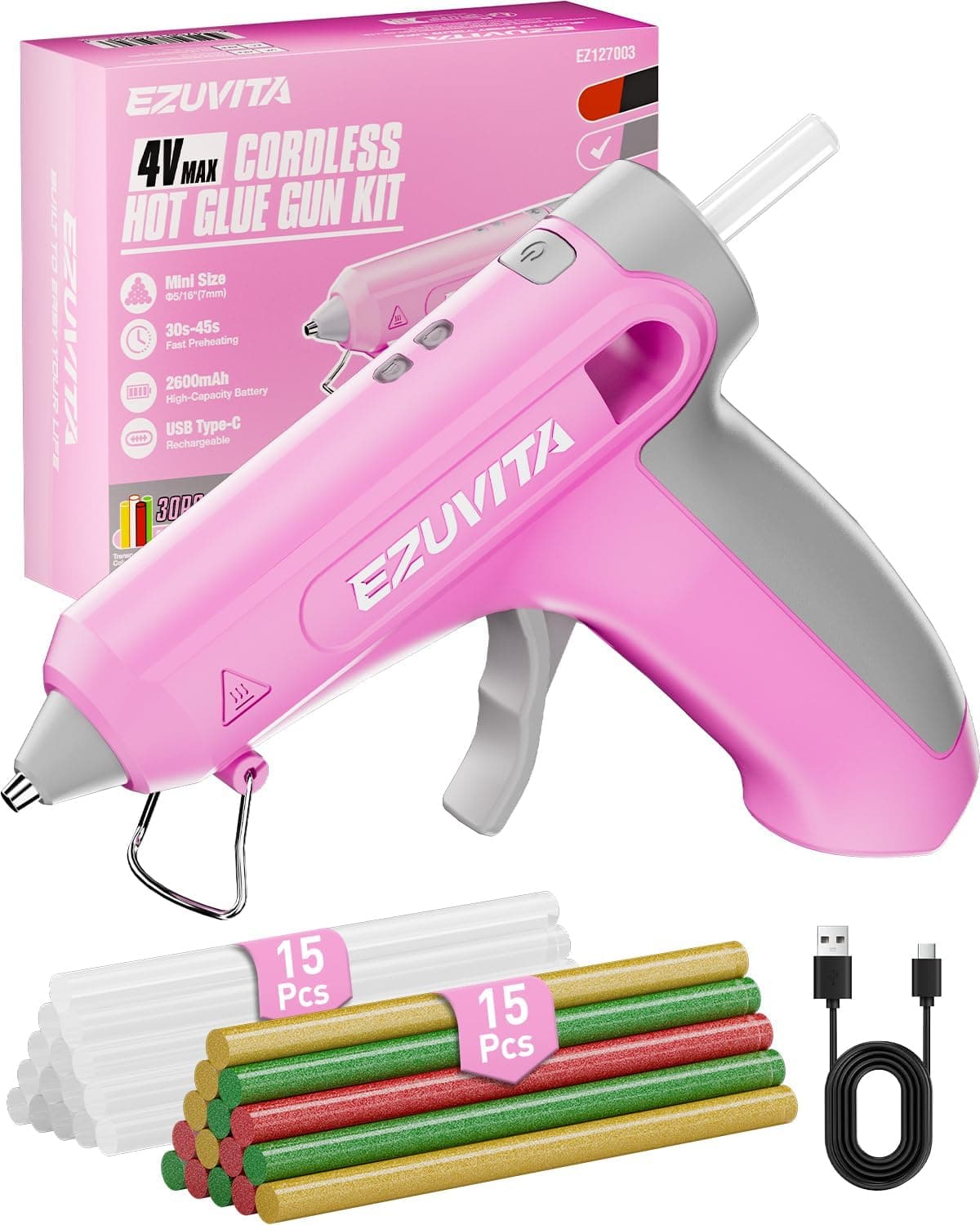 EZUVITA 4V Pink Cordless Hot Glue Gun Kit with 30 Multi-Color Glue Sticks image 1