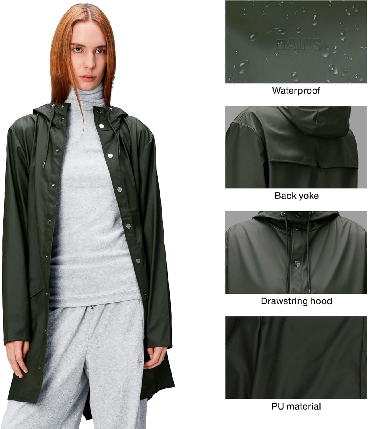RAINS Long Jacket - Green Waterproof Windproof Lightweight Breathable Raincoat for Men and Women - Breathable, Lightweight, Durable, Adjustable Hood - 2 Year Warranty thumbnail 4