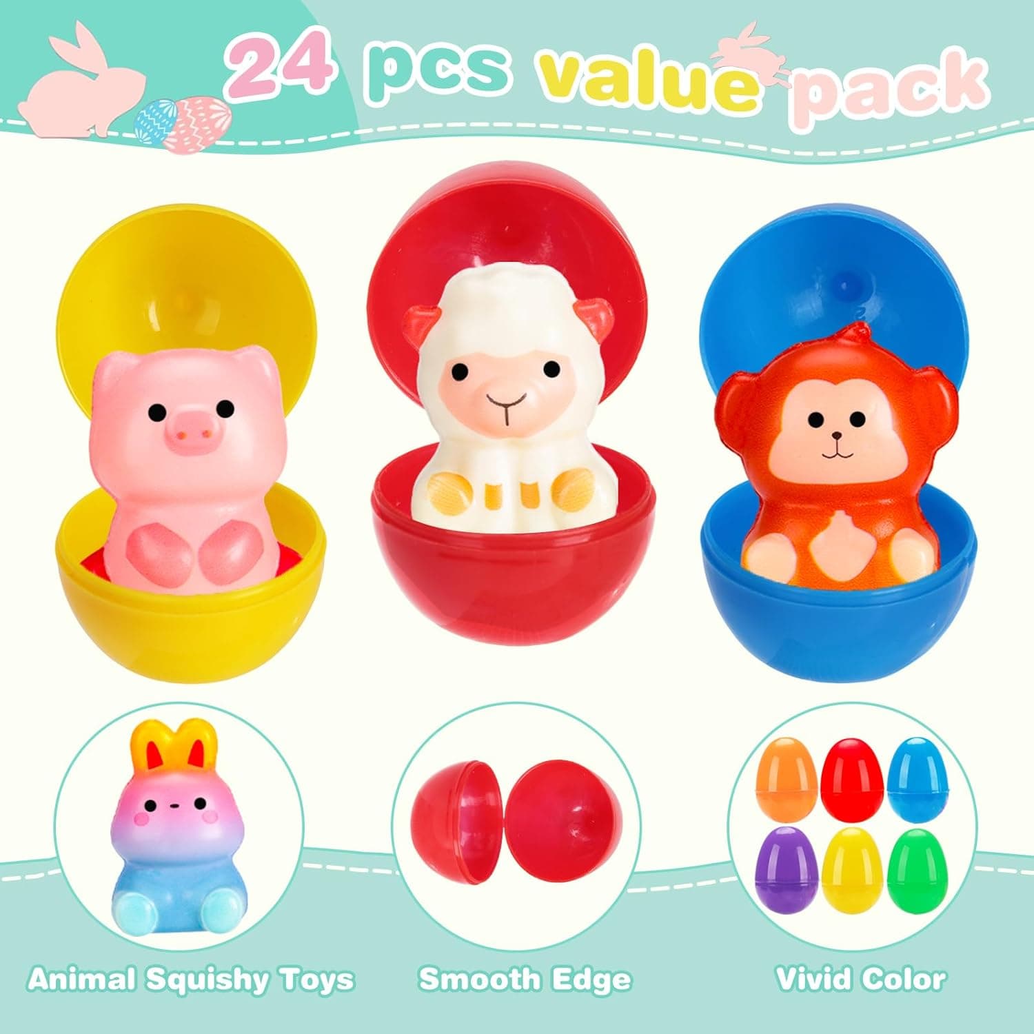 24 Pack Filled Easter Eggs for Kids, Prefilled Squishy Animal Toys Inside, Non-Candy Easter Basket Stuffers, Bulk Easter Egg Hunt Favors for Toddlers, Boys, Girls – Party Favors &amp; Classroom Prizes : Toys &amp; Games thumbnail 3