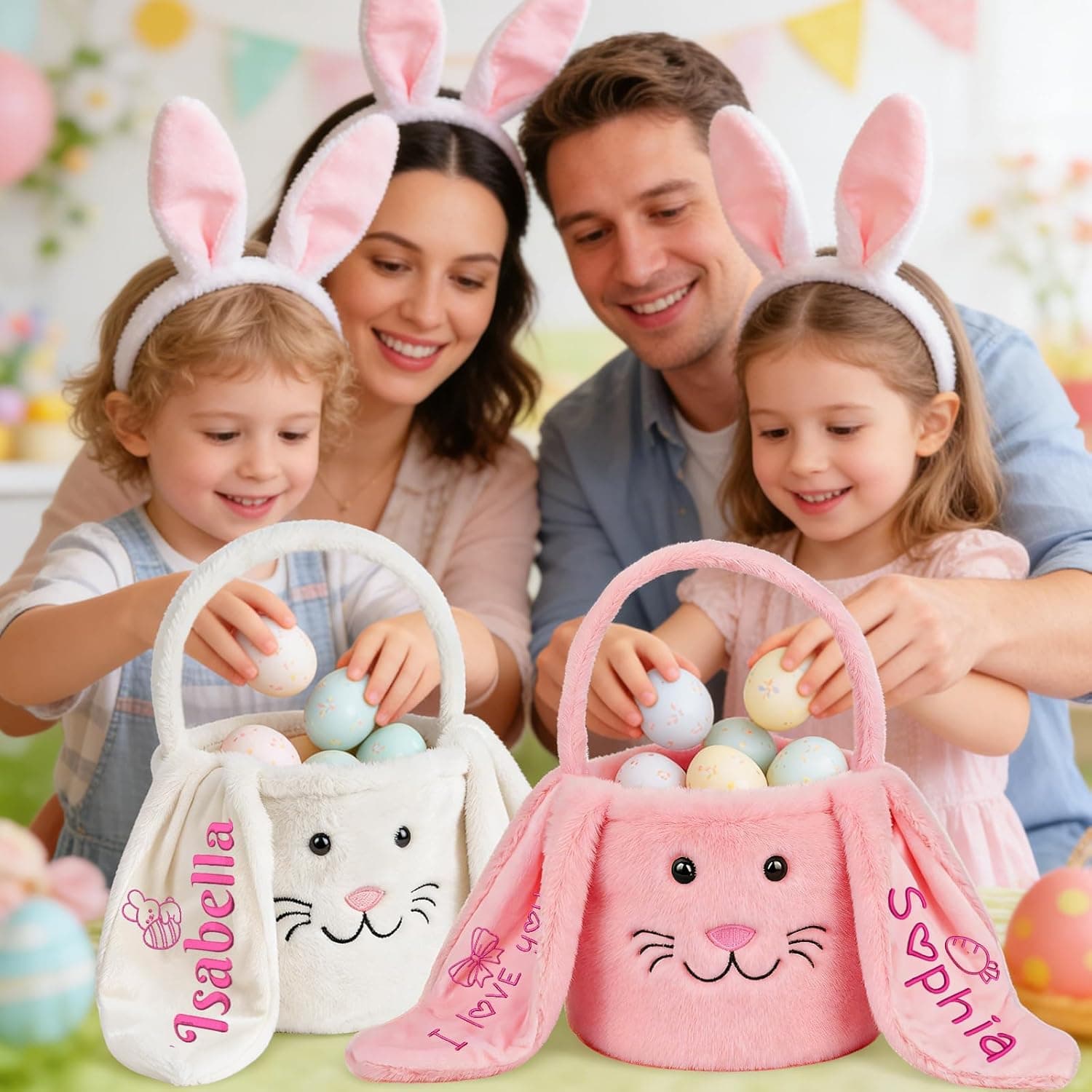 Personalized Easter Baskets for Kids, Custom Embroidered Bunny Basket with Name Boys &amp; Girls Spring Egg Hunt Tote with Long Plush Ear, Easter Gift Basket Decor Birthday Christmas Gifts : Baby thumbnail 2