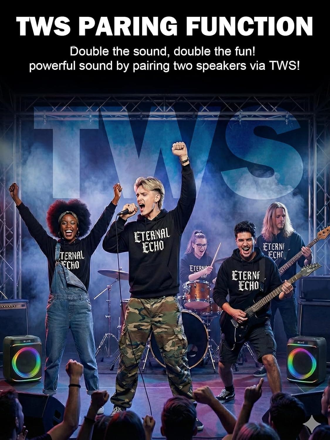 QAU Portable Speaker, 80W Outdoor Speakers with Rich Bass, RGB Lights, Colorful Light, TWS Pairing, EQ, Outdoor Speakers for Home Party Gift (Black) : Electronics thumbnail 5