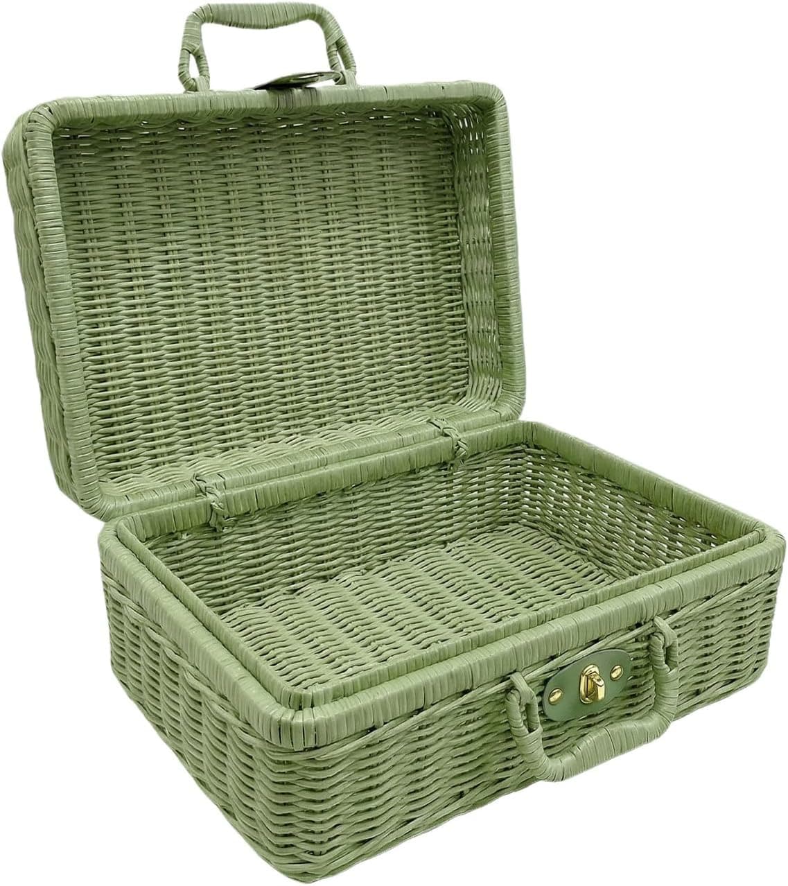 Dark Green Wicker Picnic Basket with Metal Lock image 1