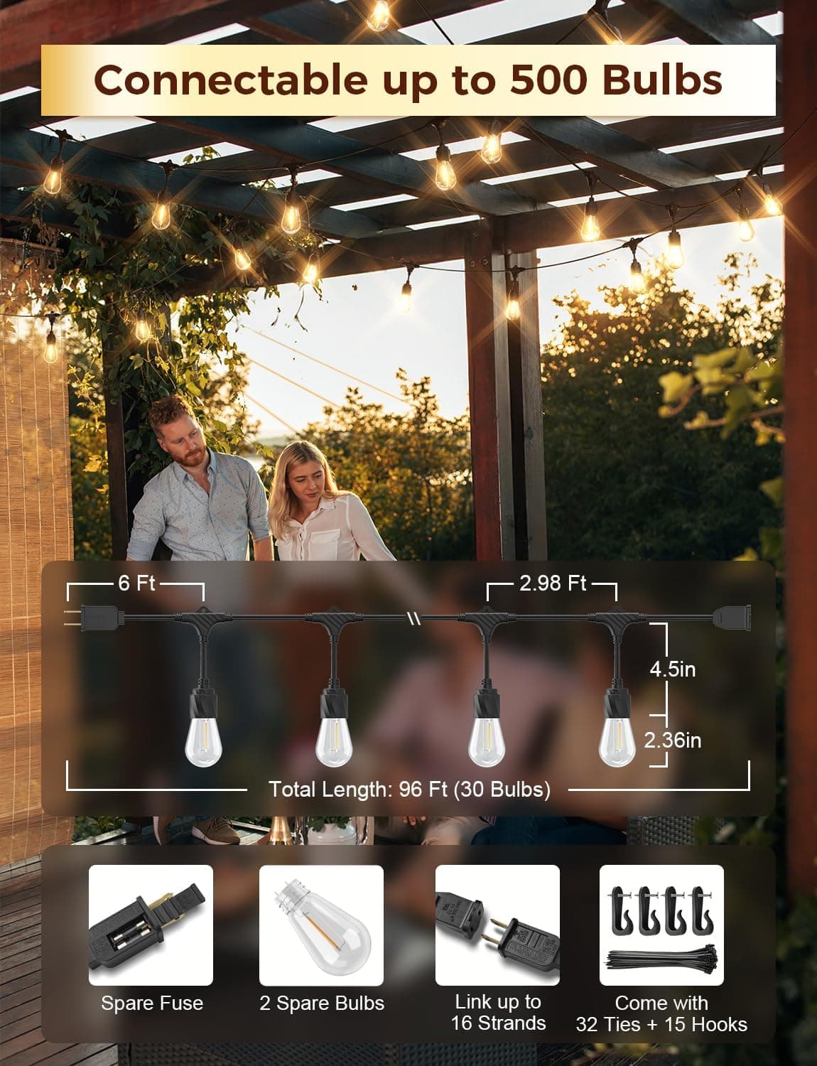 XMCOSY+ 96FT Outdoor String Lights, Patio Lights Outdoor Waterproof with 32 Shatterproof Bulbs, LED Hanging Light for Outside Porch Backyard Garden Party Balcony Decor - Amazon.com thumbnail 5