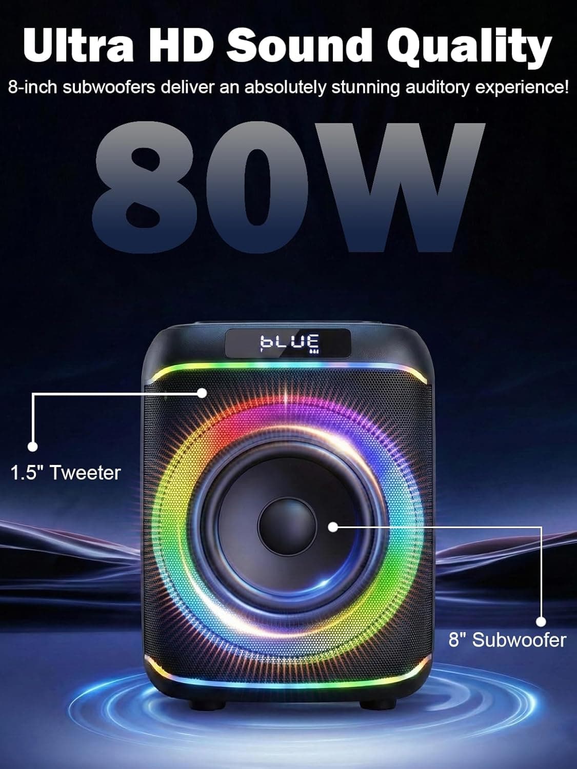 QAU Portable Speaker, 80W Outdoor Speakers with Rich Bass, RGB Lights, Colorful Light, TWS Pairing, EQ, Outdoor Speakers for Home Party Gift (Black) : Electronics thumbnail 2