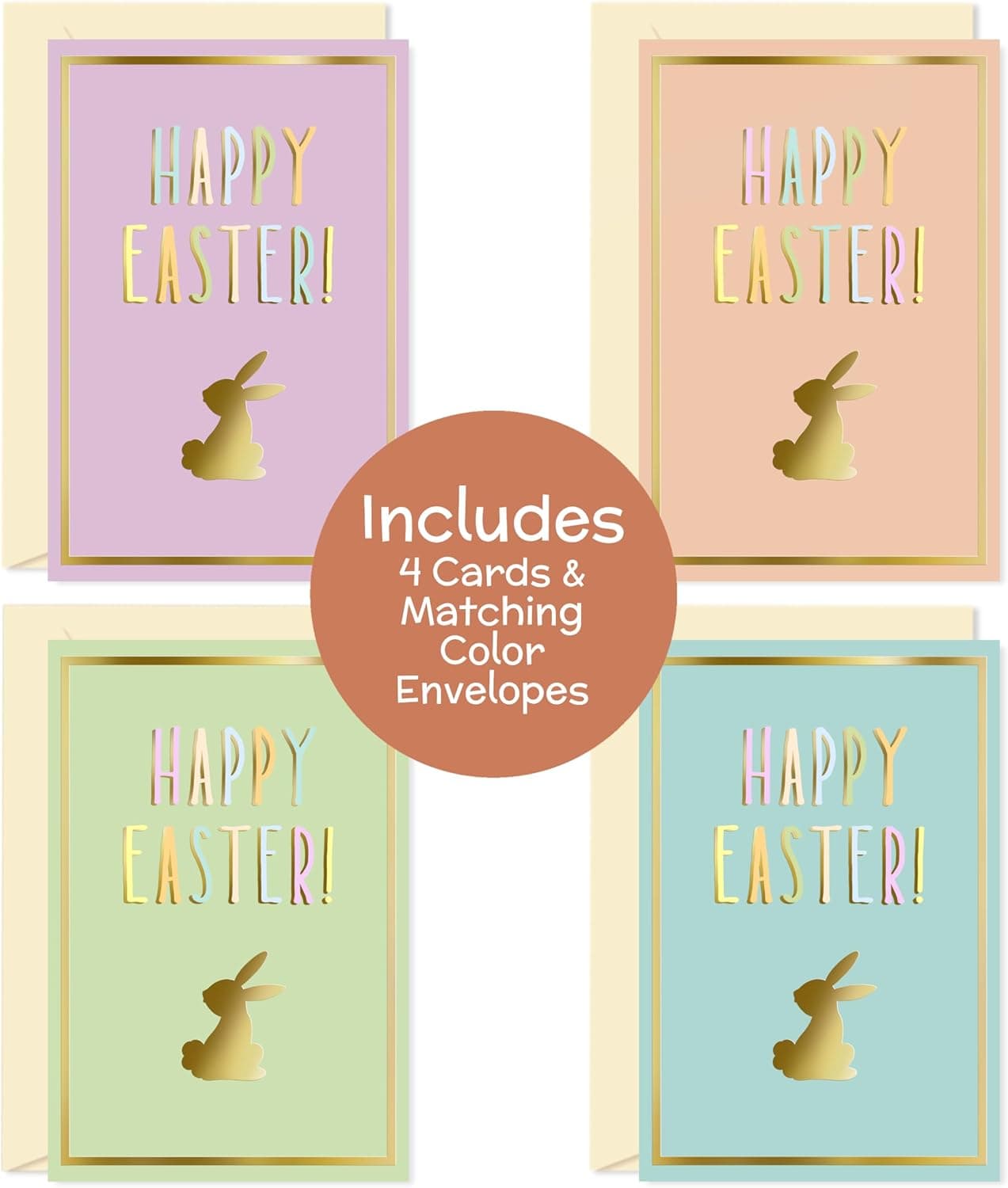 Honeyplum Easter Cards With Envelopes - Fun &amp; Colorful Set of 4 Easter Cards &amp; Envelopes - Gold Foil Stamp Design - 4 x 6 Inches : Office Products thumbnail 5