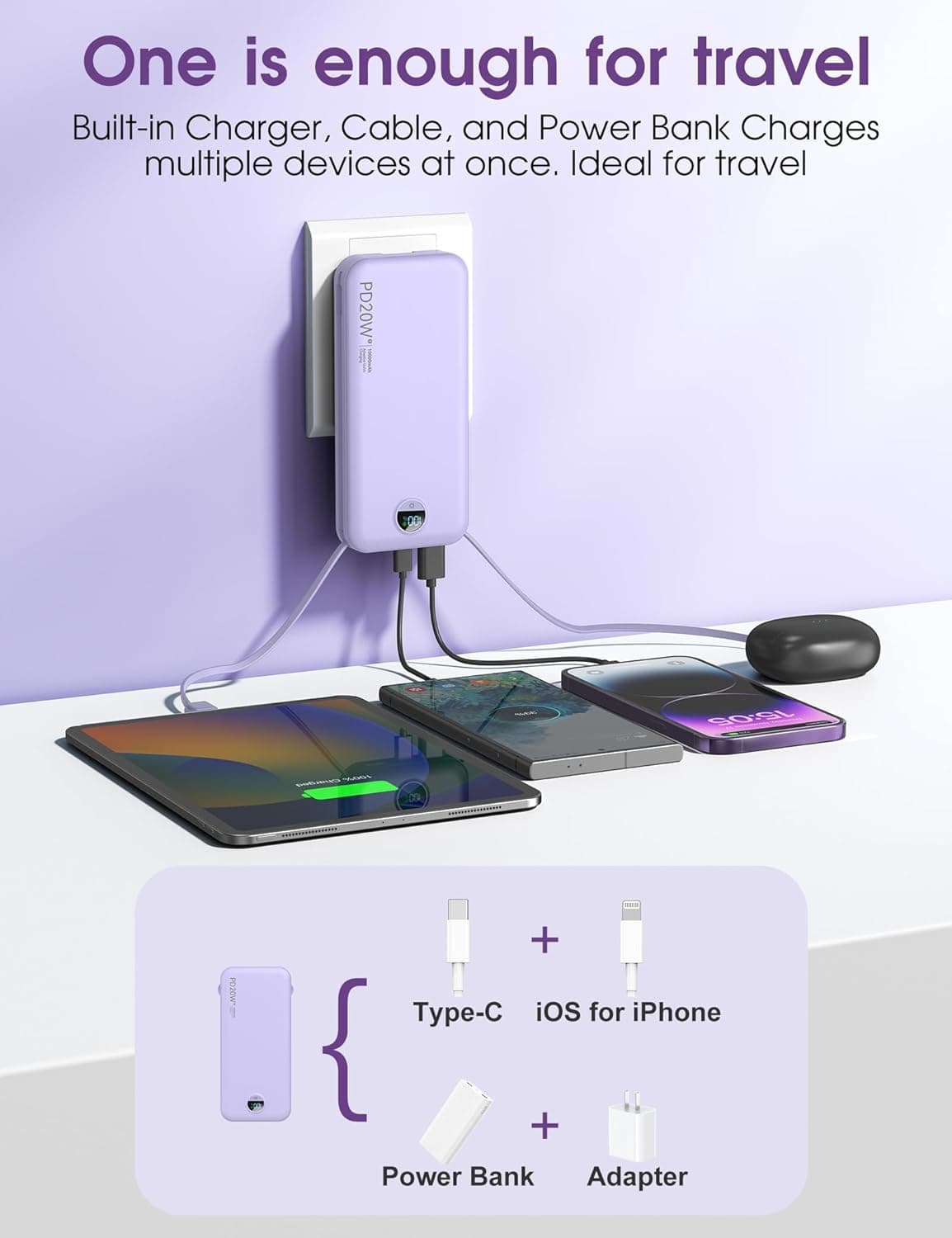 Portable Charger, 10000mAh PD20W USB C Fast Charging Power Bank with Built-in Cables and AC Wall Plug, Smart LED Display Travel Essentials Battery Pack Compatible with iPhone, iPad, Samsung etc Purple : Cell Phones &amp; Accessories thumbnail 4