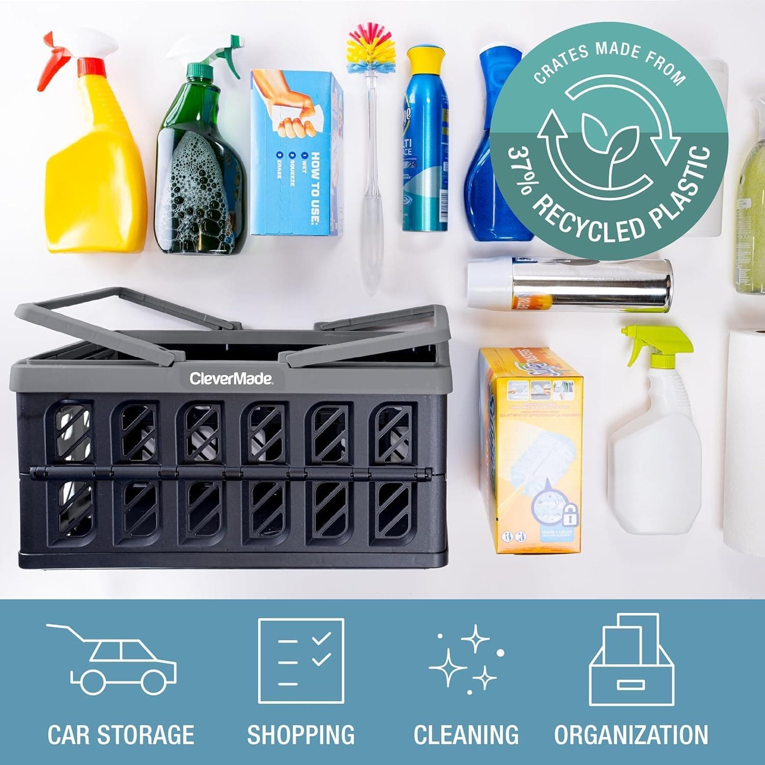 CleverMade Eco Collapsible Shopping Basket with Handles, 24L Stone, 3 Pack thumbnail 4