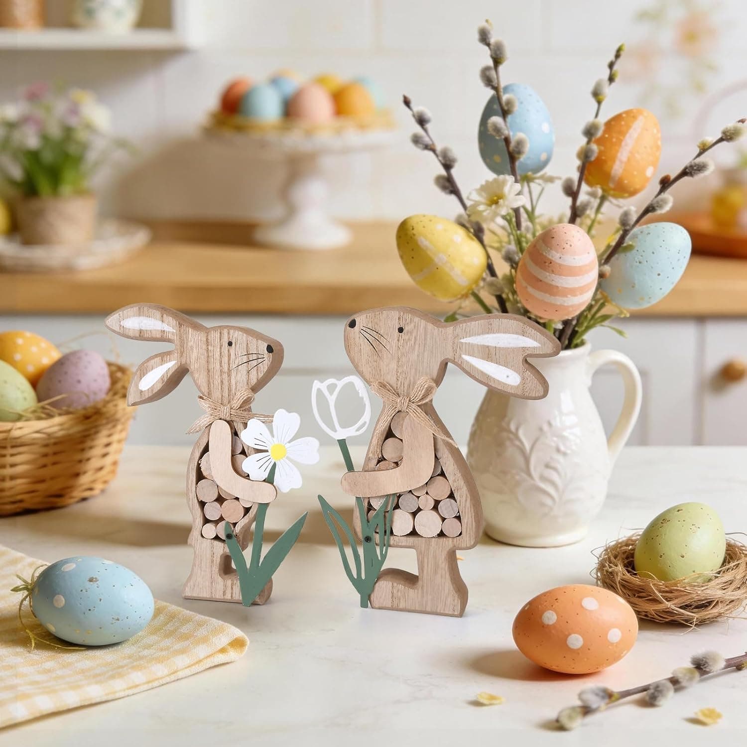 Farmhouse Rustic Wooden Bunny with Metal Flower Tiered Tray Decor thumbnail 5