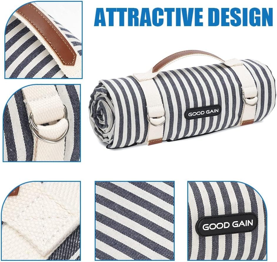 G GOOD GAIN Waterproof Picnic Blanket with Carry Strap - Navy Blue thumbnail 3