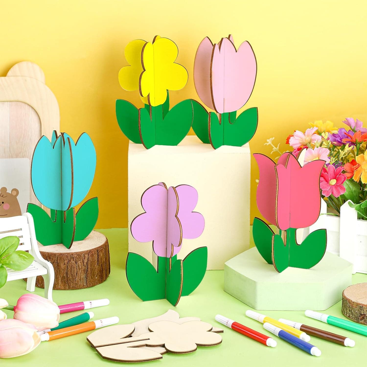 48-Piece Spring Crafts Set with 3D Wooden Flowers and Colored Pens thumbnail 4